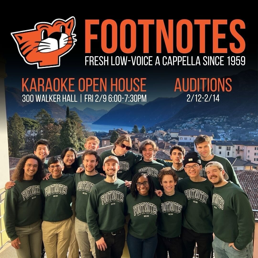 It&rsquo;s audition season!!!

Join us at our Karaoke Open House in 300 Walker Hall (our beautiful rehearsal room aka The Shoe) tomorrow at 6pm to learn more about us and our audition process. We&rsquo;ll also sing a few songs and you can even solo a