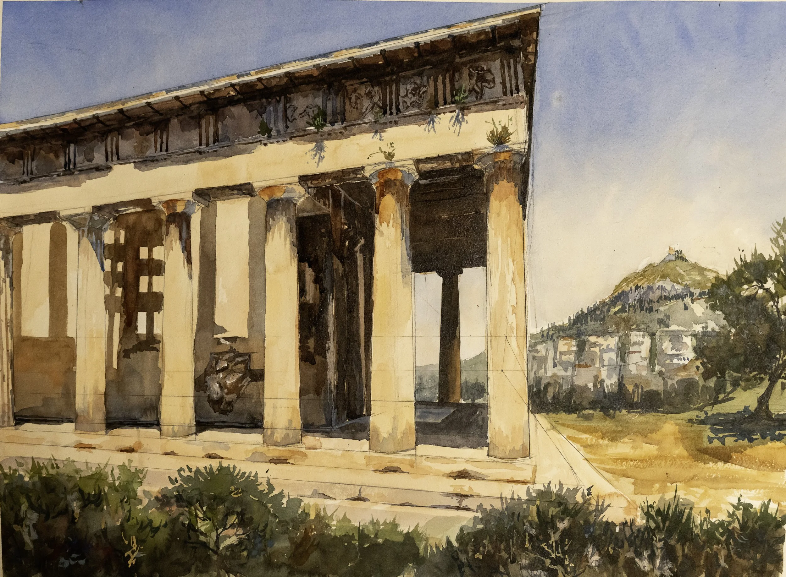 Temple of Hephaestus, Athens, Greece. Watercolor, 18 x 24 inches