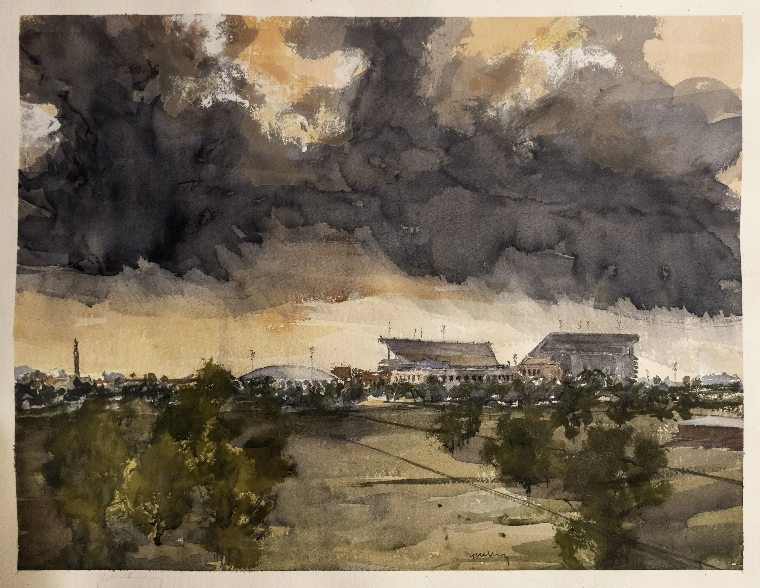LSU from the Mississippi levee. Watercolor, 18 x 24 inches