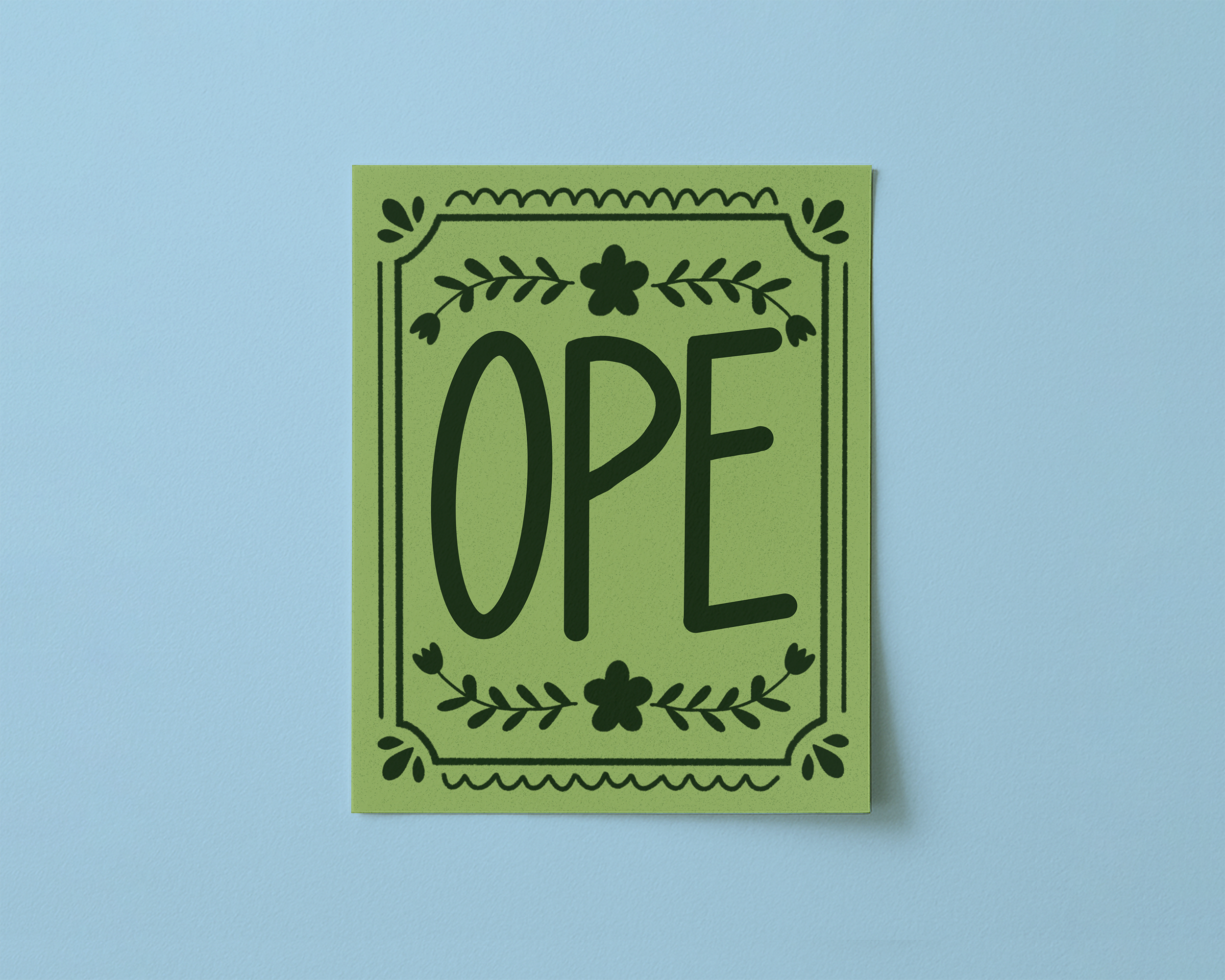 Green patterned art print, reading "Ope"