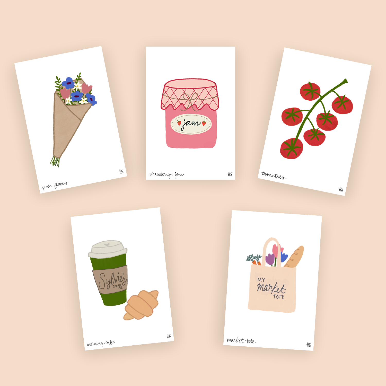 Mini print collection including floral bouquet, strawberry jam, tomatoes, coffee and a market tote