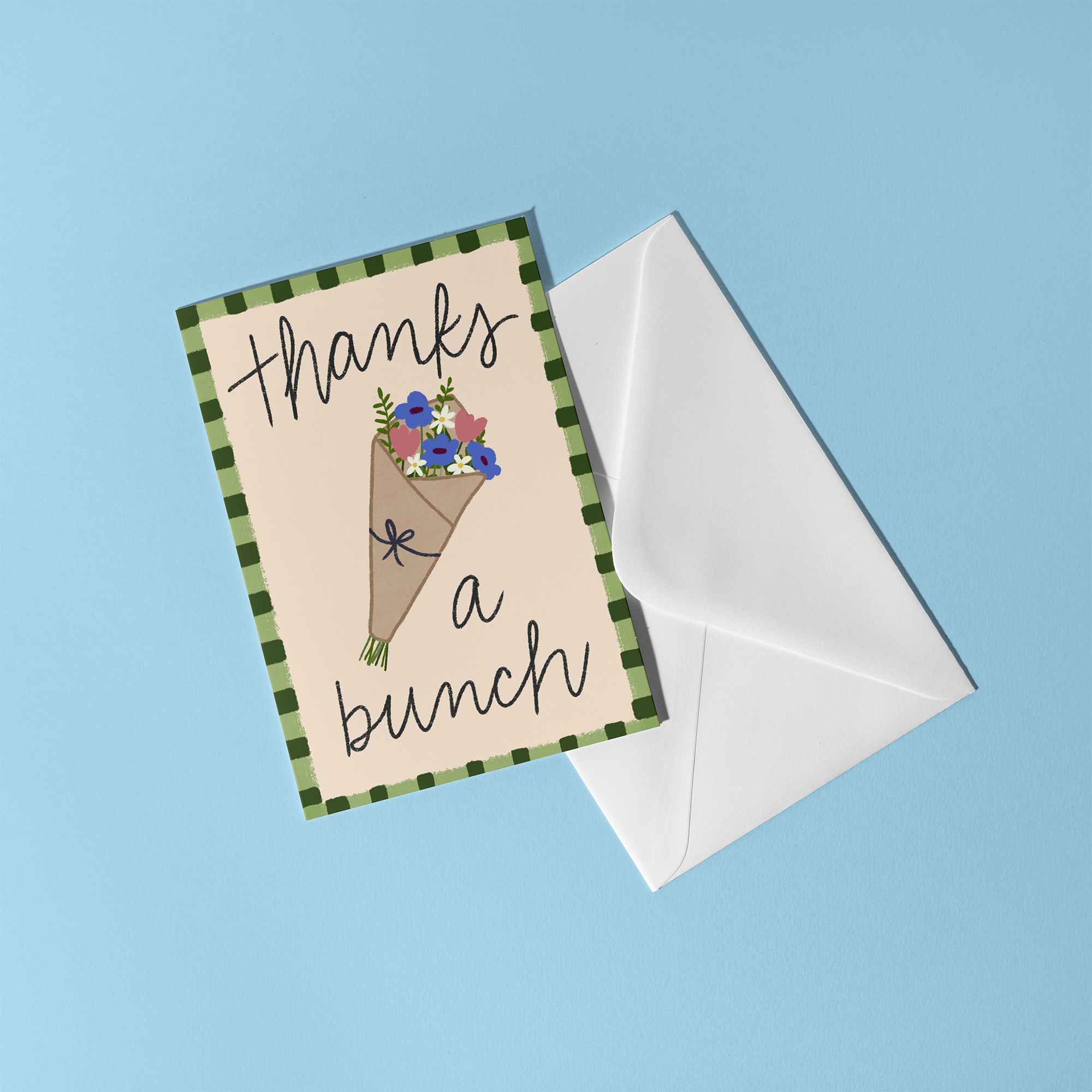 Greeting card with a bouquet of flowers, reading "Thanks a bunch"