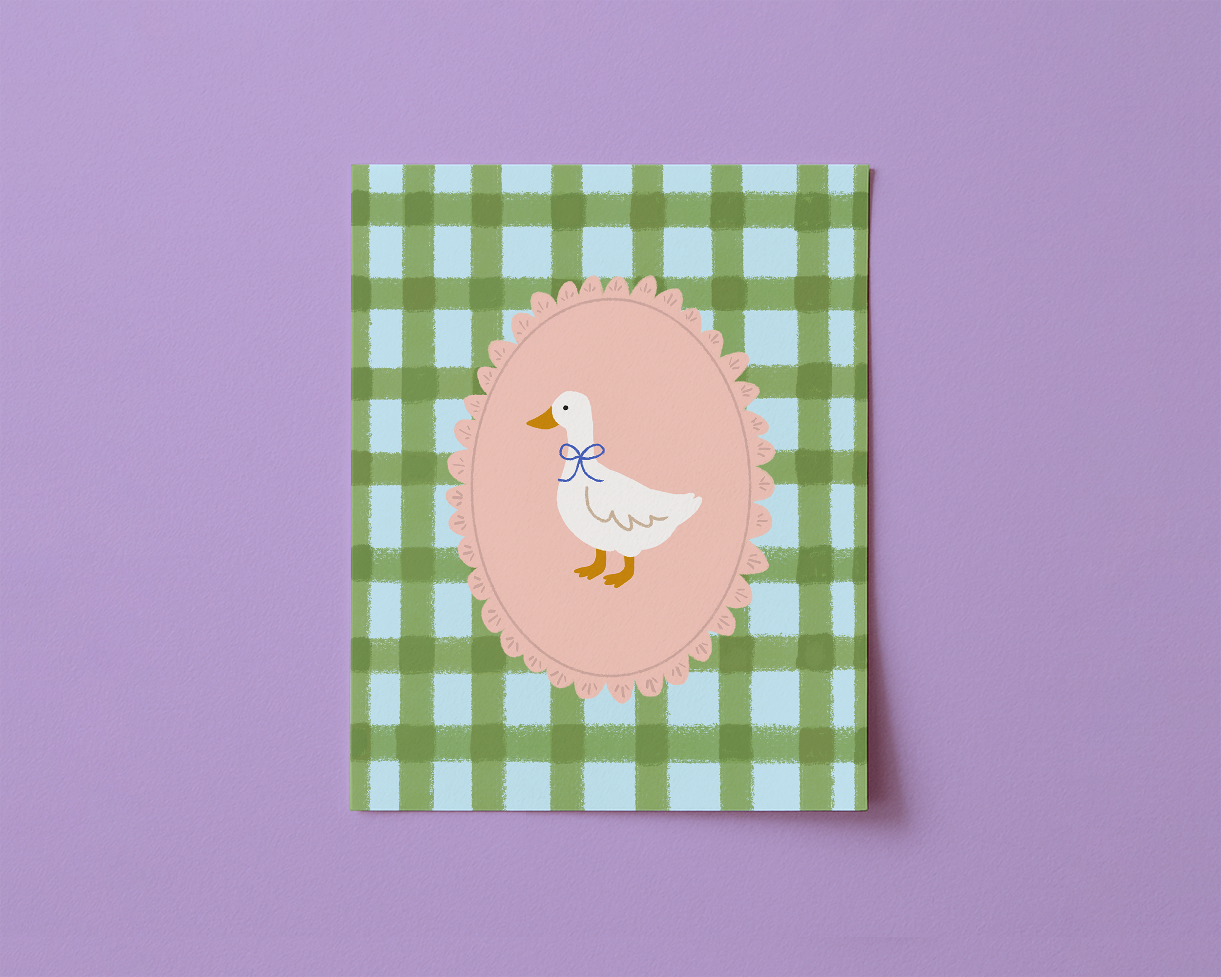 Green gingham art print with a goose