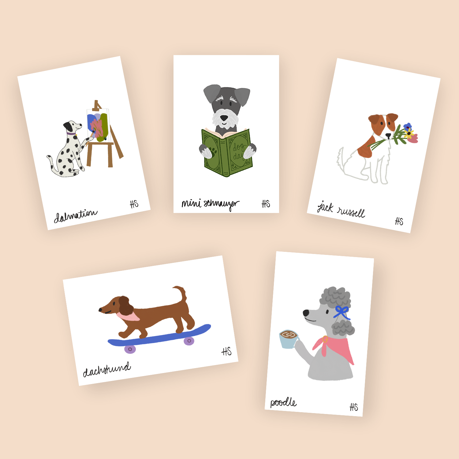 Mini print collection including  a dalmation painting, schnauzer reading, jack russell terrier holding flowers, dachshund skateboarding, and poodle drinking coffee