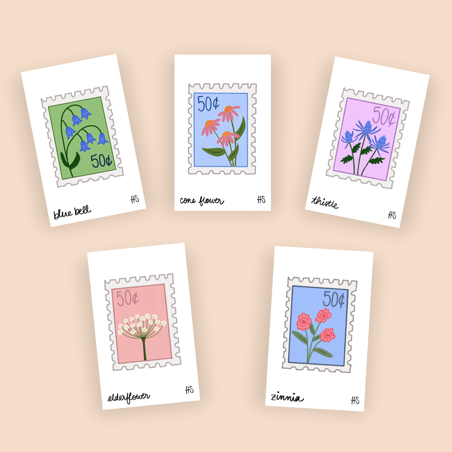 Mini print collection of floral stamps, including bluebells, cone flowers, thistle, elderflower, and zinnia