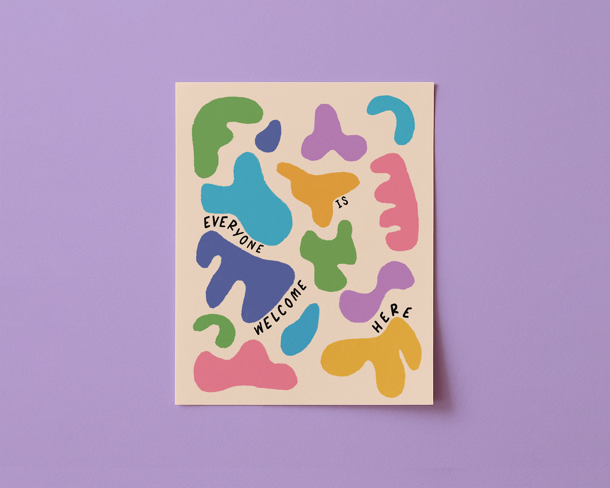 Art print featuring abstract colorful shapes, reading "Everyone is welcome here"