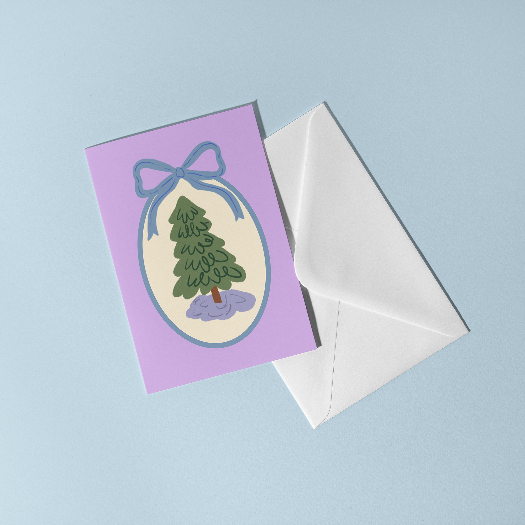 Greeting card with whimsical Christmas tree with a ribbon border