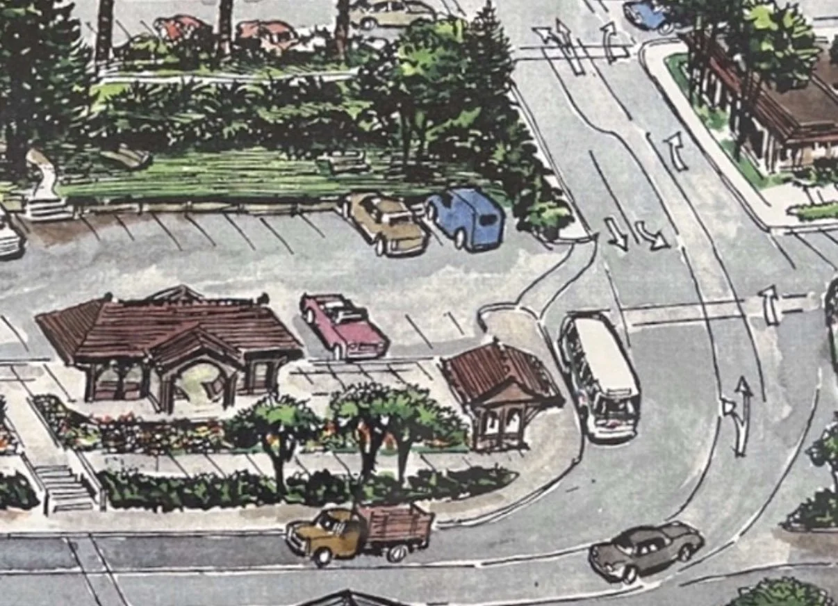 Illustrated bird’s-eye view of a landscaped parking lot and road intersection with cars, a bus, trees, and small buildings