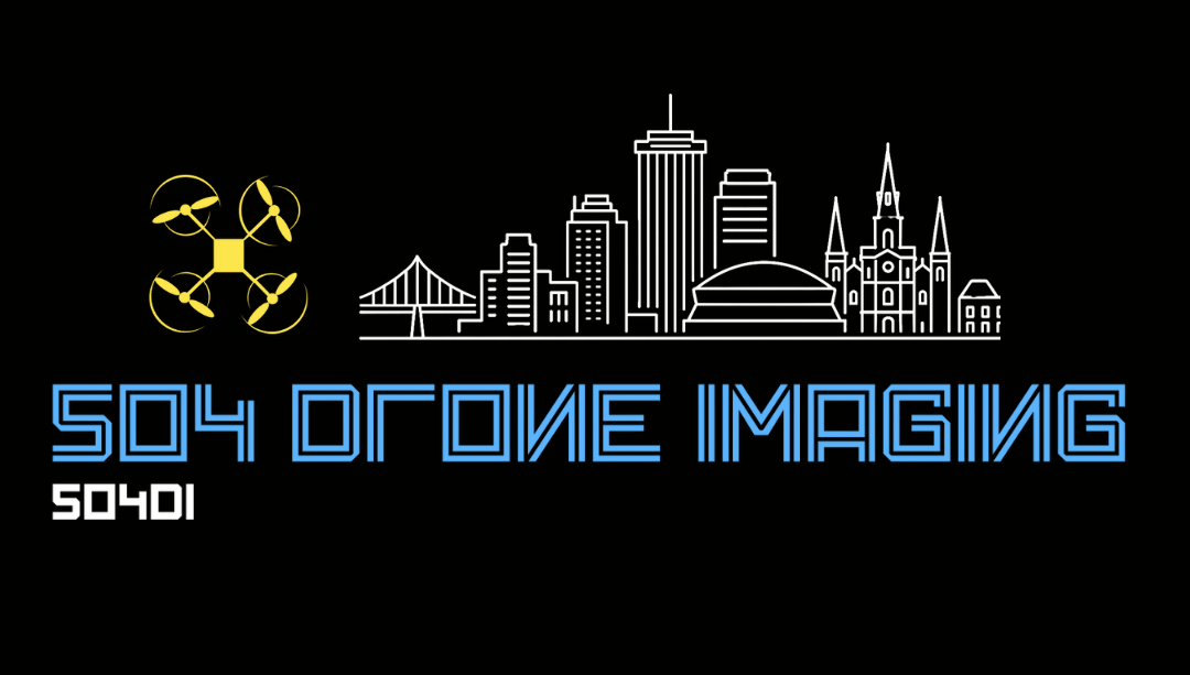 Logo for 504 Drone Imaging featuring a drone illustration, a city skyline with skyscrapers, a bridge, and a church, with the text "504 Drone Imaging" and code "50401" on a black background.