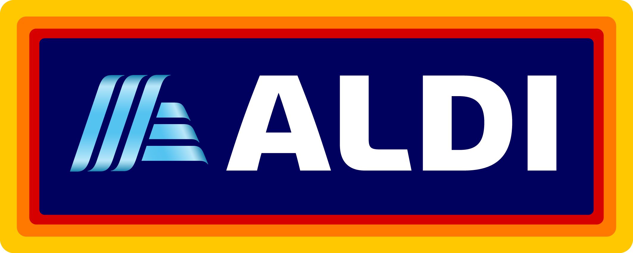 The image features the Aldi store logo, which includes the Aldi name in bold white letters and a stylized blue and white swoosh symbol on a dark blue background, surrounded by a multicolored border with shades of yellow, orange, and red.
