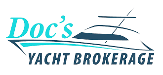 Logo for Doc's Yacht Brokerage with a stylized yacht graphic