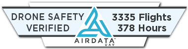 Drone safety verified badge with Air Data logo, stating 3335 flights and 378 hours