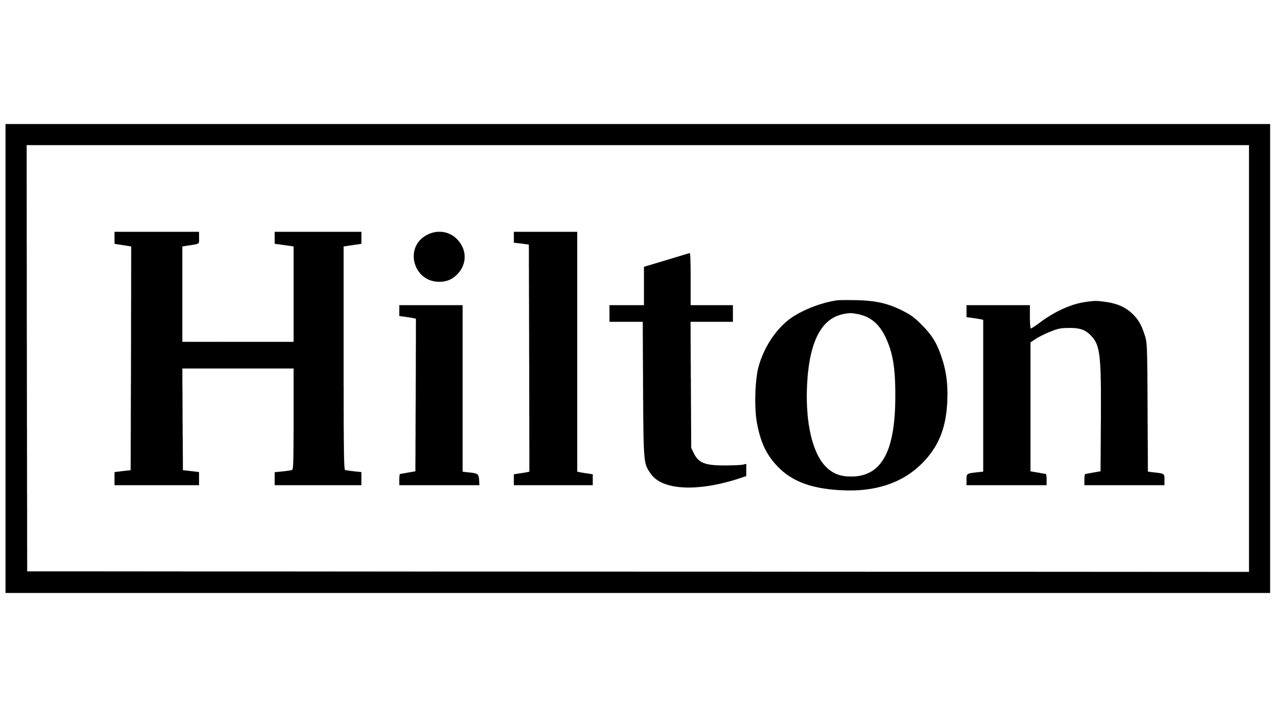 Black background with the word 'Hilton' written in large outlined letters.