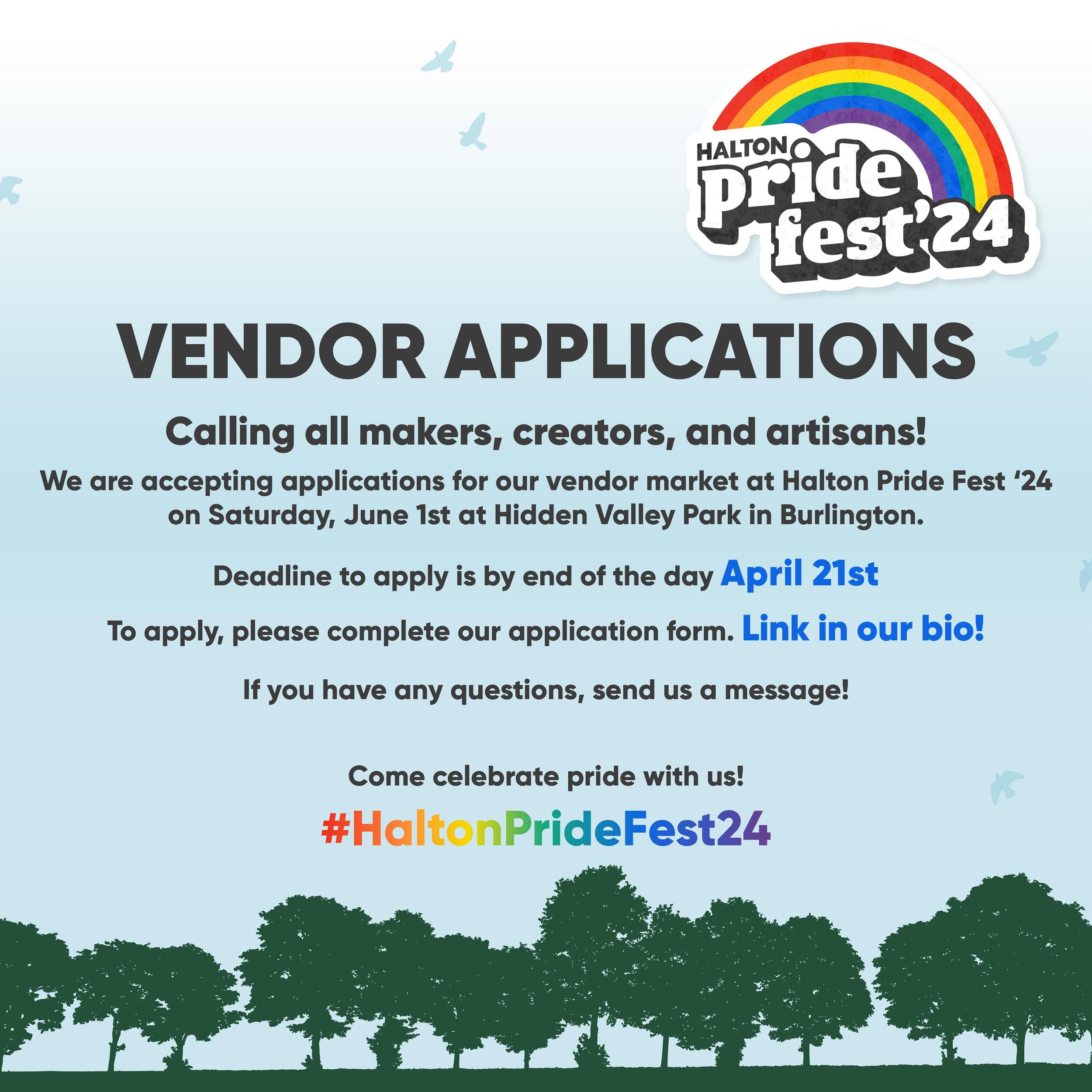 Our vendor applications for Halton Pride Fest &lsquo;24 are closing soon! 

If you are interested in being a vendor at Halton Pride Fest, you have until Sunday, April 21st to get your vendor application in! 

Link in bio.