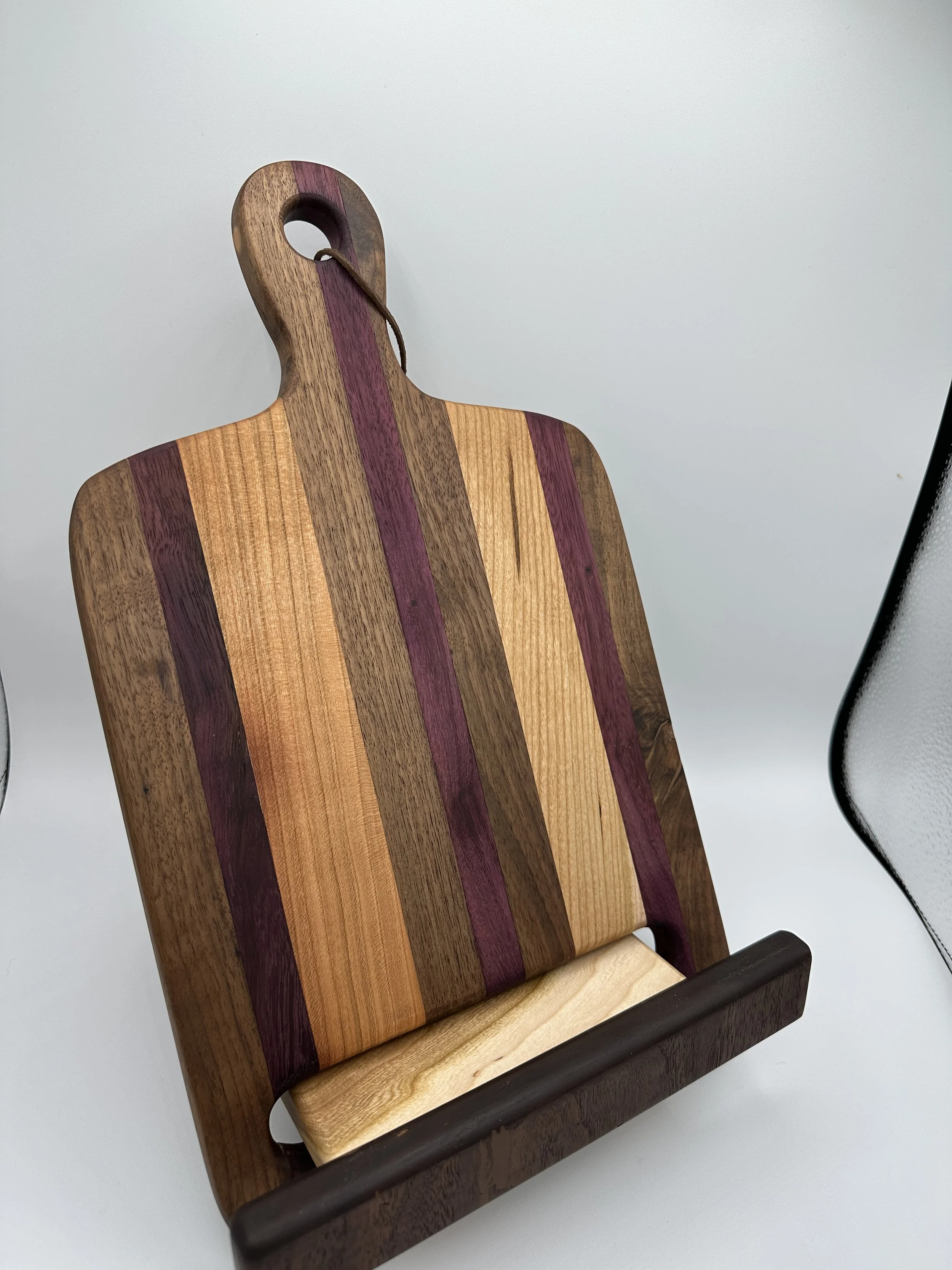 Walnut, purple heart, & cherry recipe stand