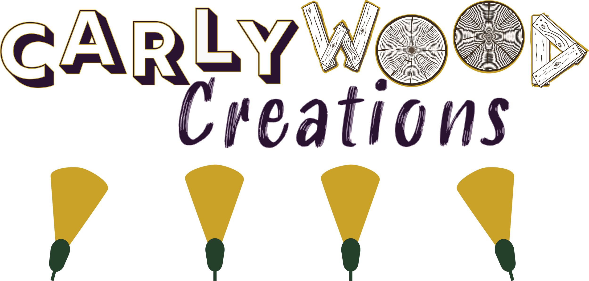 CARLYWOOD Creations logo with wood-textured lettering, an illustrated stack of logs, and a string of warm lights - handmade woodworking brand logo.