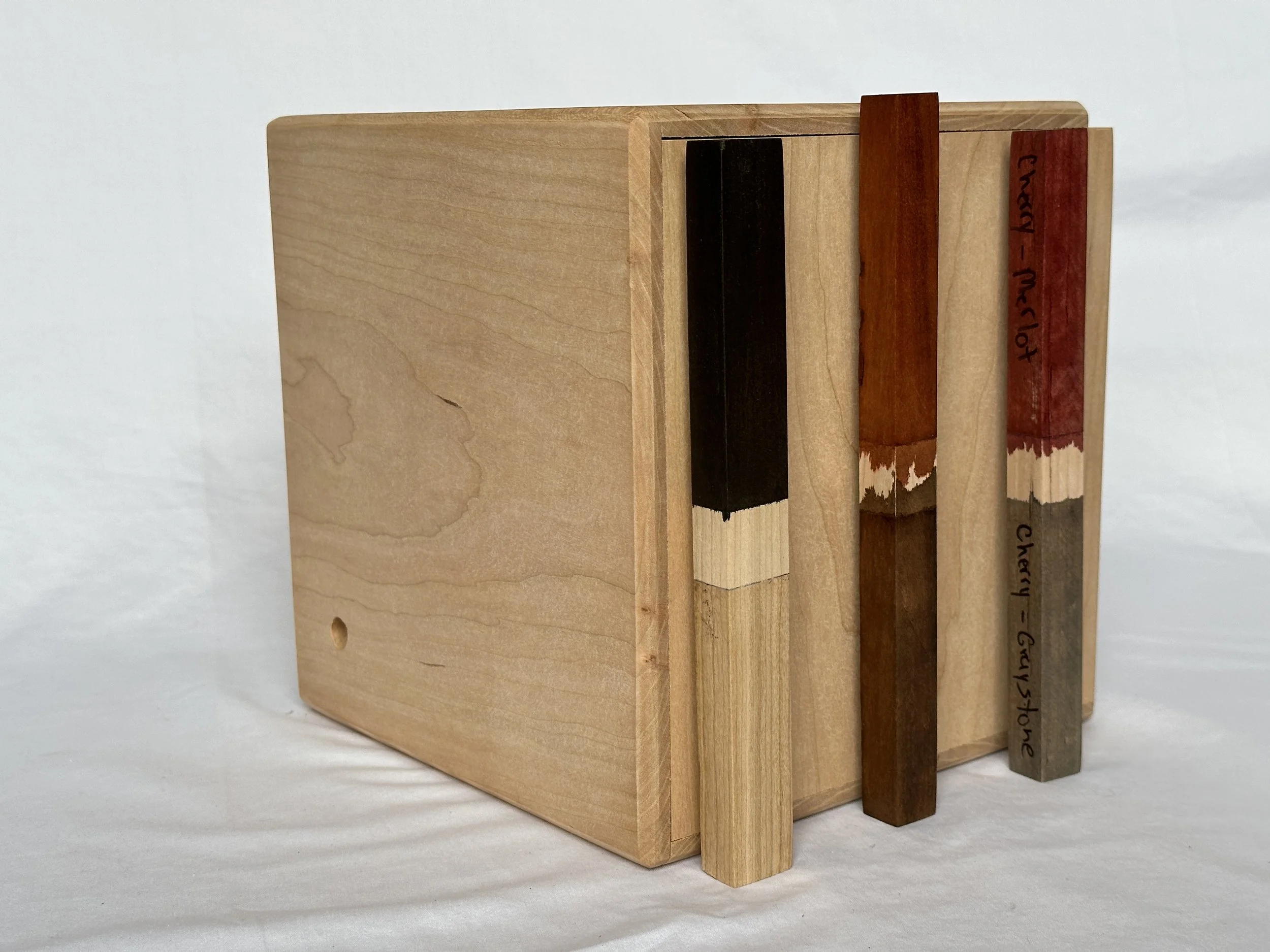 Cherry Top Shelf Cocktail Smoker Box SB00010
Popular stains: Espresso, Merlot, Greystone, Medium Brown, and Vintage Cherry. 
Or keep it natural and apply poly (bottom-left)