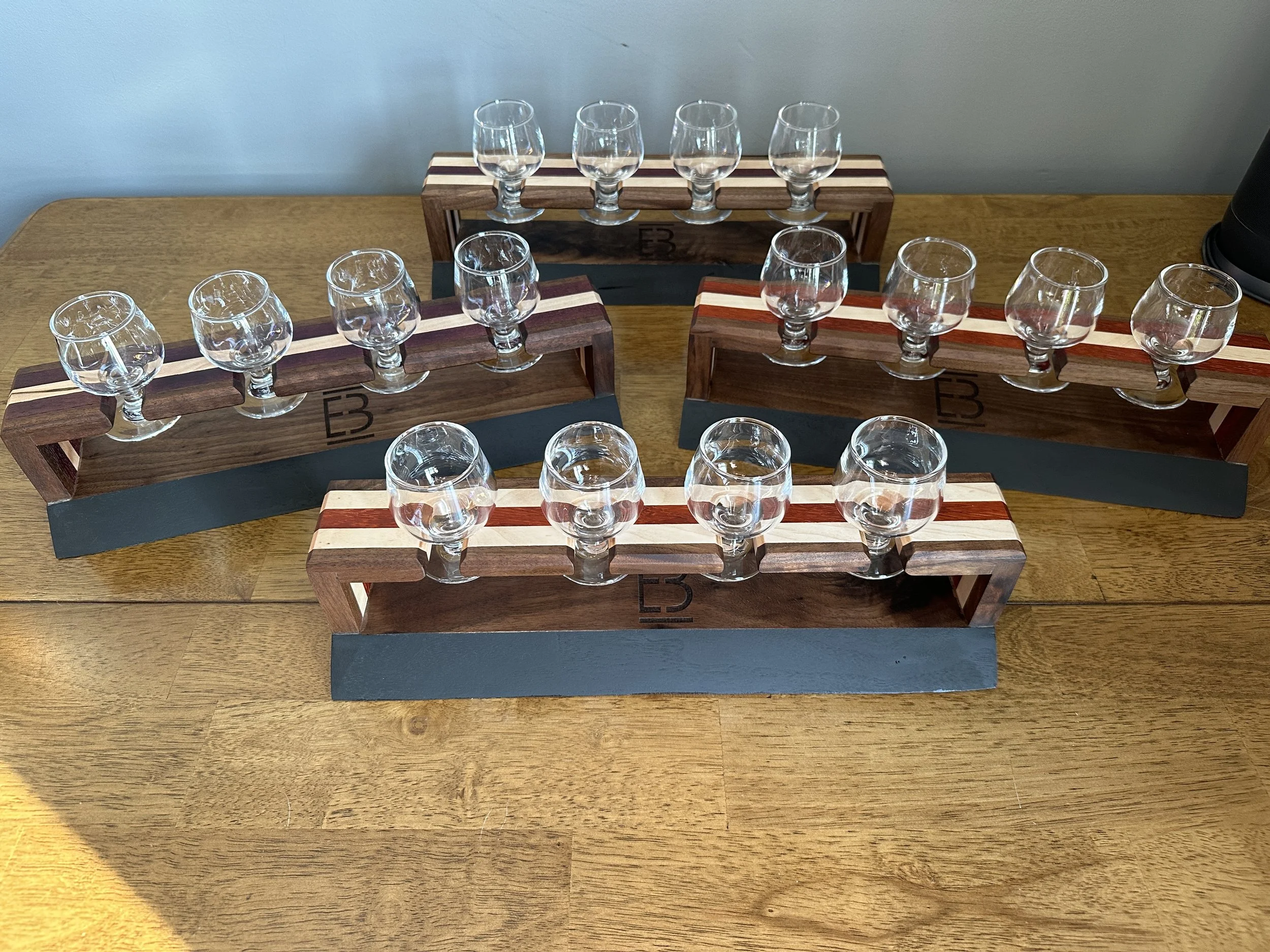 Macellaro Made Walnut Wine/Beer Flight Tasting Sets. Mix and Match the pattern to create a matching set, while each flight holder is unique