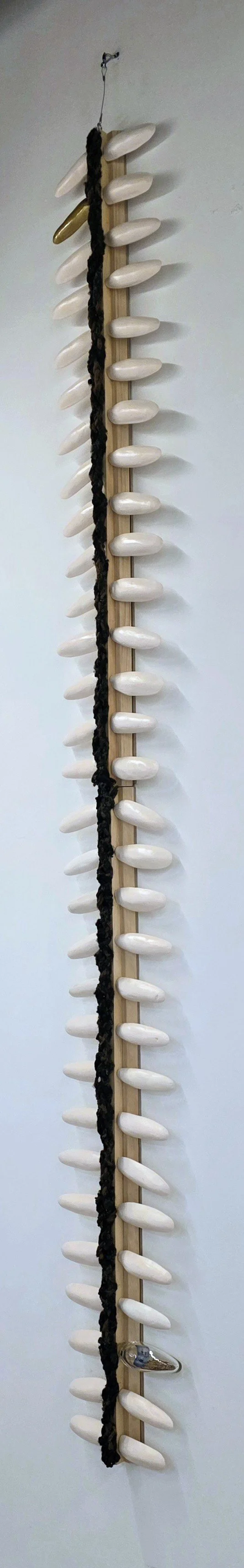 Backbone,
2026
120” x 15” x 4”
Stoneware, wood, glass, hair, photo transfer, paint and rice.  This work addresses the link between the Black body and rice production in the Carolina's.