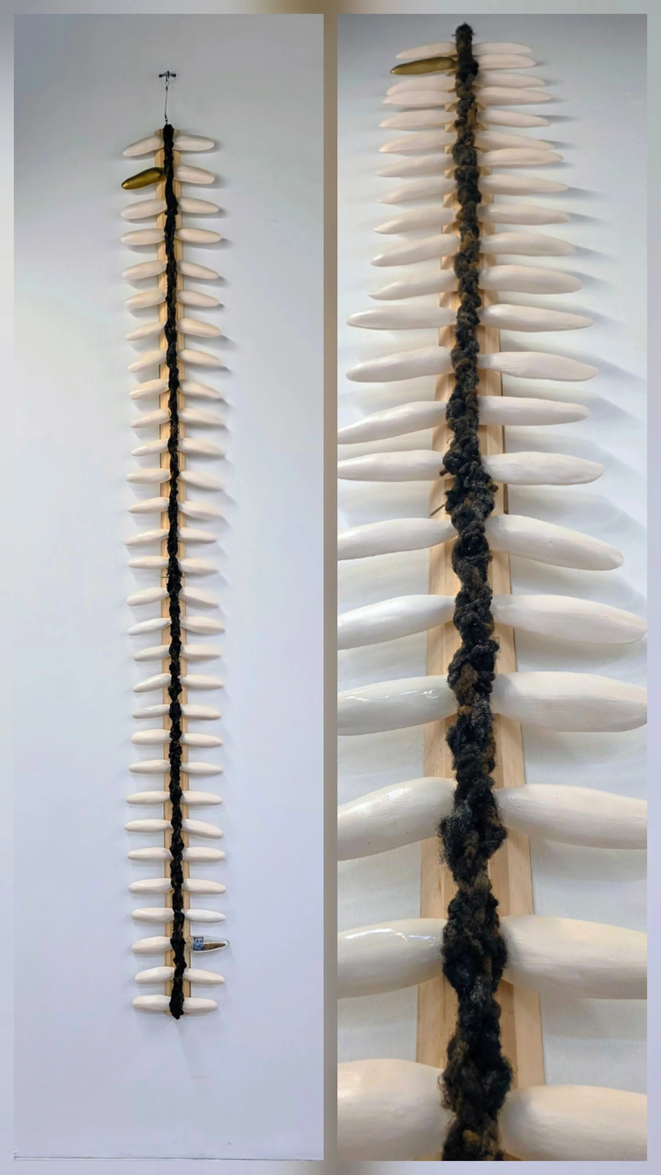 Backbone,
2026
120” x 15” x 4”
Stoneware, wood, glass, hair, photo transfer, paint and rice.  This work addresses the link between the Black body and rice production in the Carolina's.