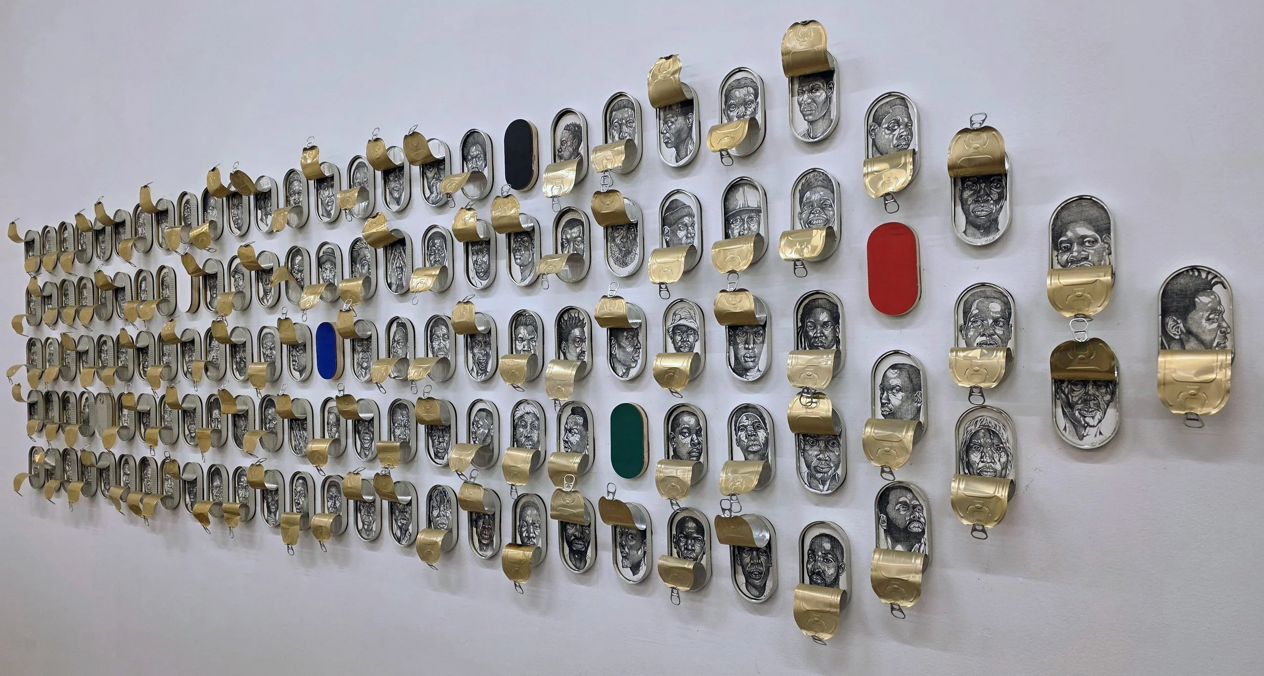 Permutations of Liberation and Constraint (excerpts 130 of 150)
2025-26'
Graphite and paint on wood panel with sardine cans