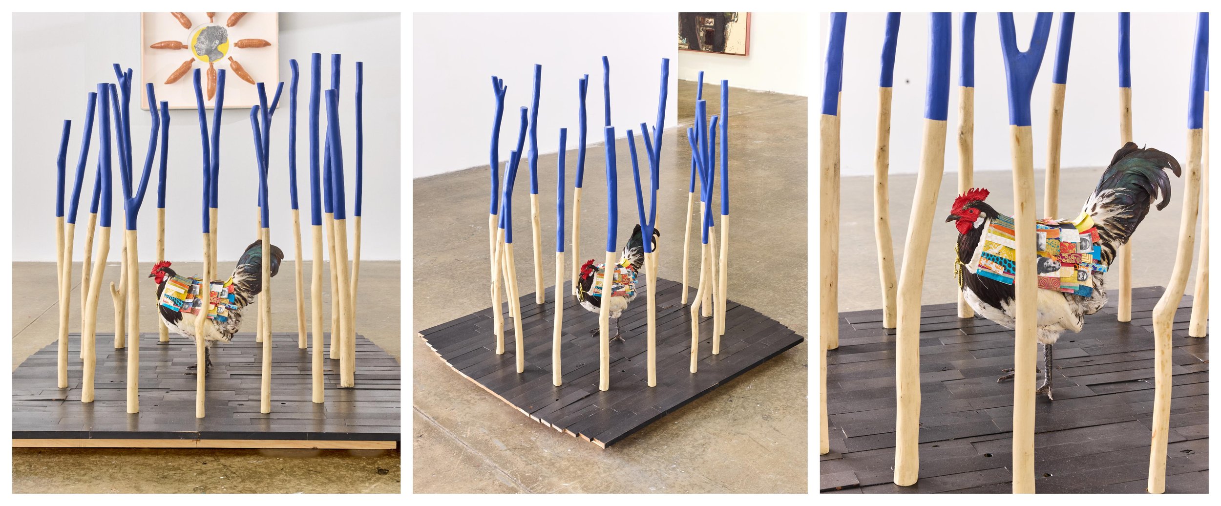 You Can't Cage My Strut, 2024.
Stuffed chicken, paper, photo transfer on paper, paint.
Description: created in response to the carceral system that disproportionately ensnares Black men, this work references the qualities of survival associated with