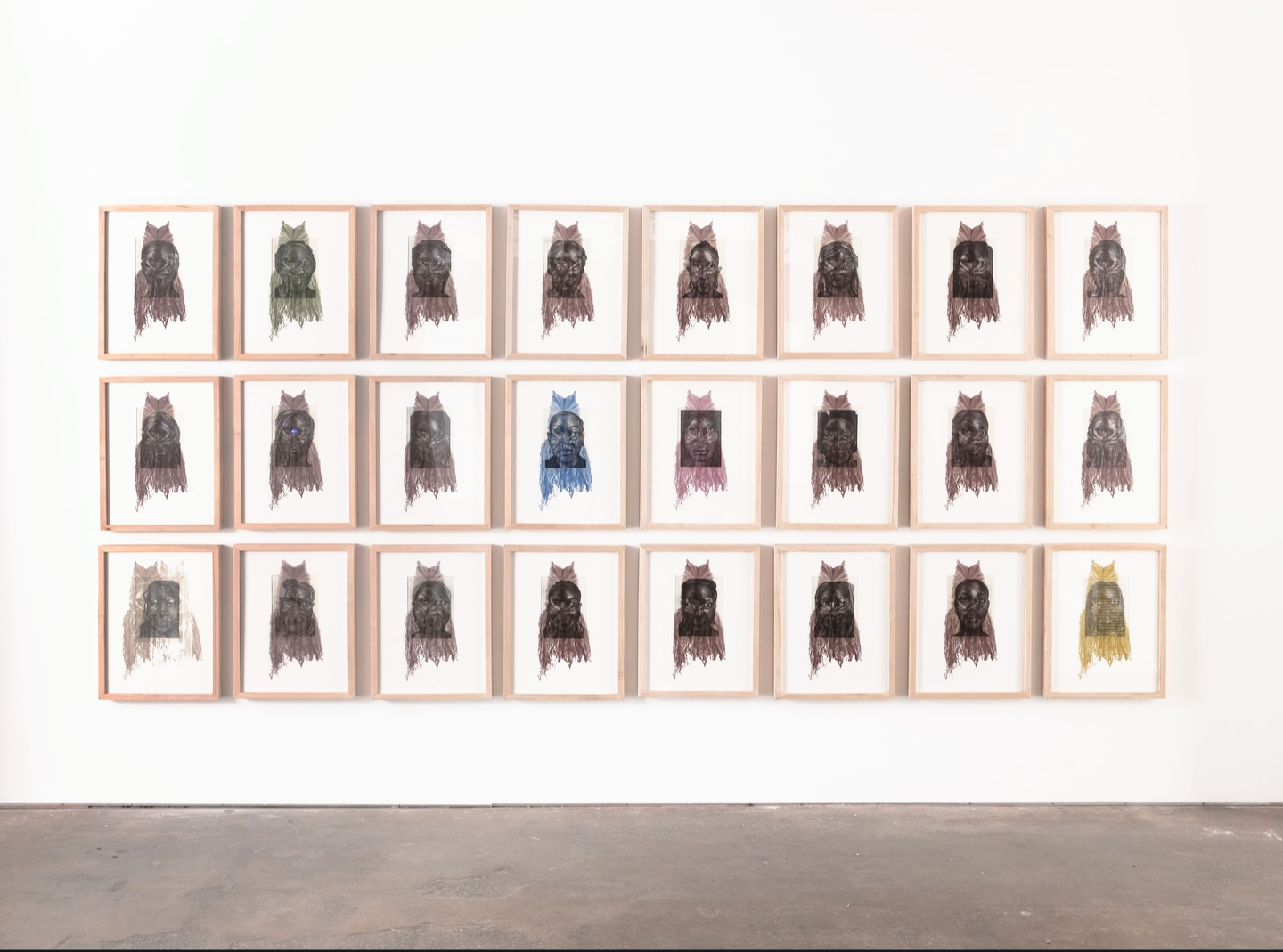 Wo-Mende Series, 2023
graphite on paper and serigraph on plexiglass. 85" x 136"
Among the Mende people in Sierra Leone, West Africa, the Mende mask is exclusively worn by initiated women in ceremonial dance. The Black American women rendered in thi