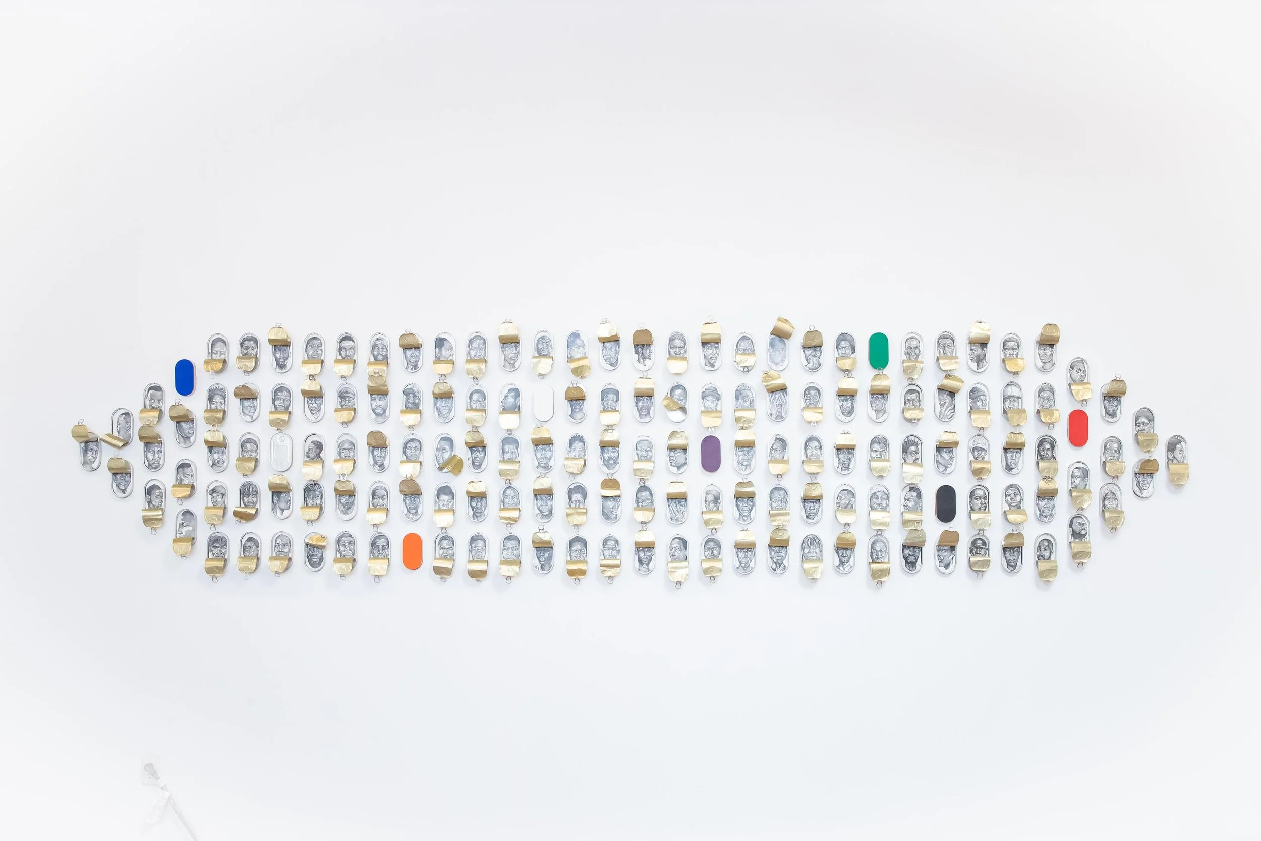 Permutations of Liberation and Constraint (
2025-26'
Graphite and paint on wood panel with 150 sardine cans