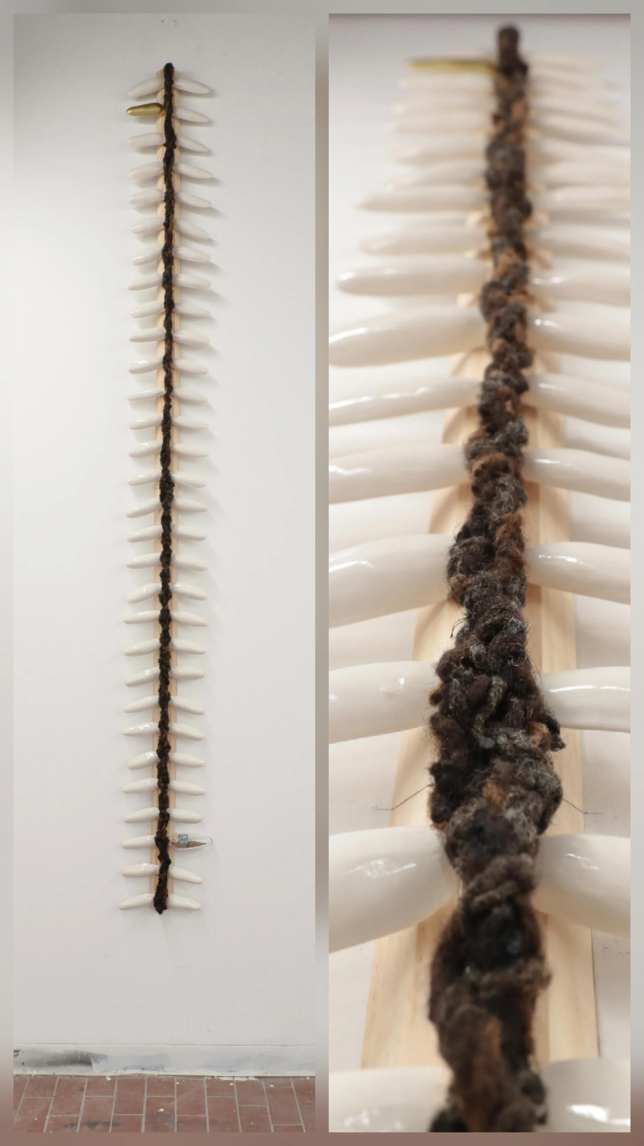 Backbone,
2026.
120” x 15” x 4”
Stoneware, wood, glass, hair, photo transfer, paint and rice. 
Description: The forced labor of enslaved Africans seeded the vast fortunes of rice planters particularly in the coastal areas of Georgia and the Carolinas