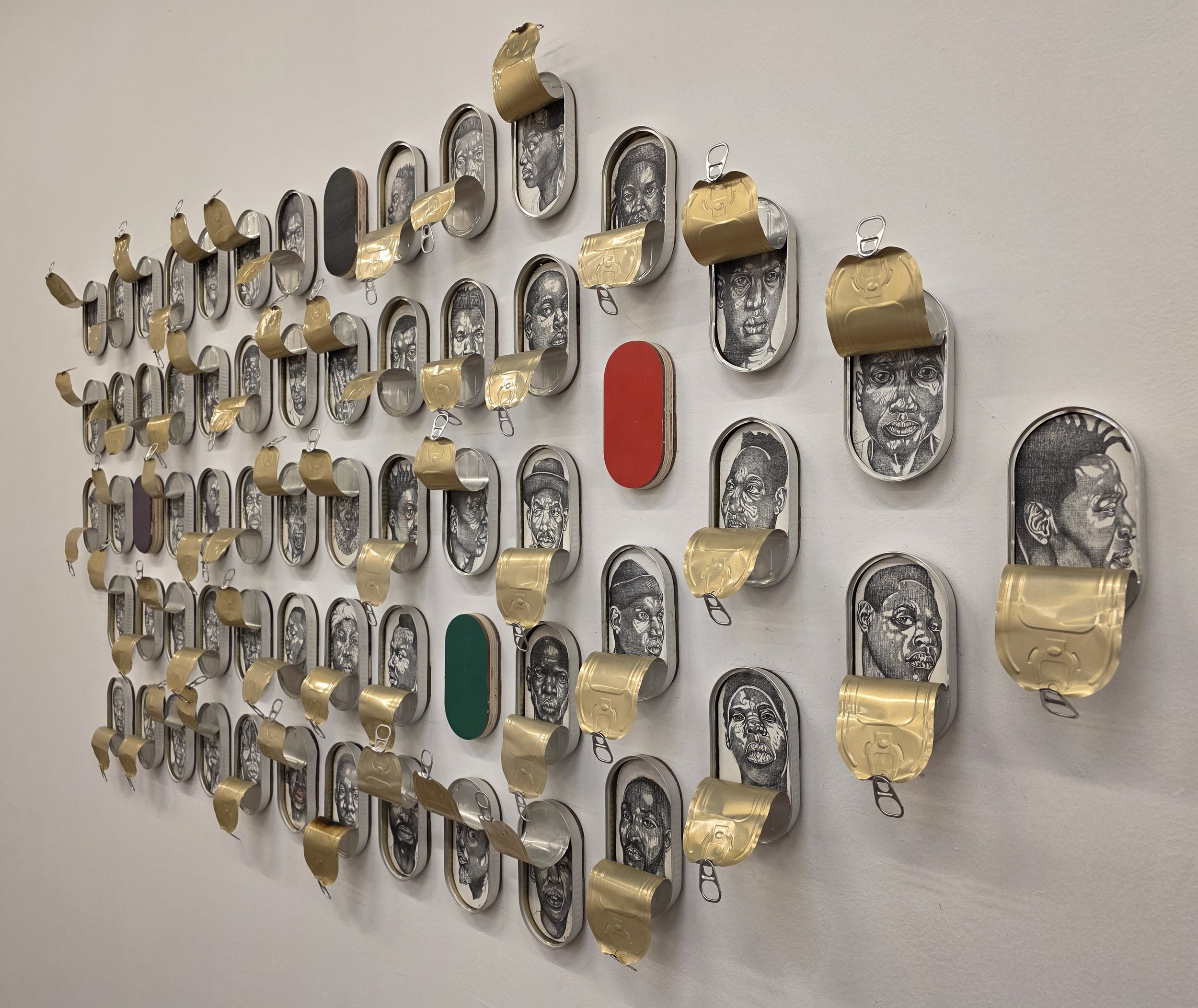 161 & 9 (excerpts 63 of 170), 2025.
Graphite on wood panel and sardine cans)