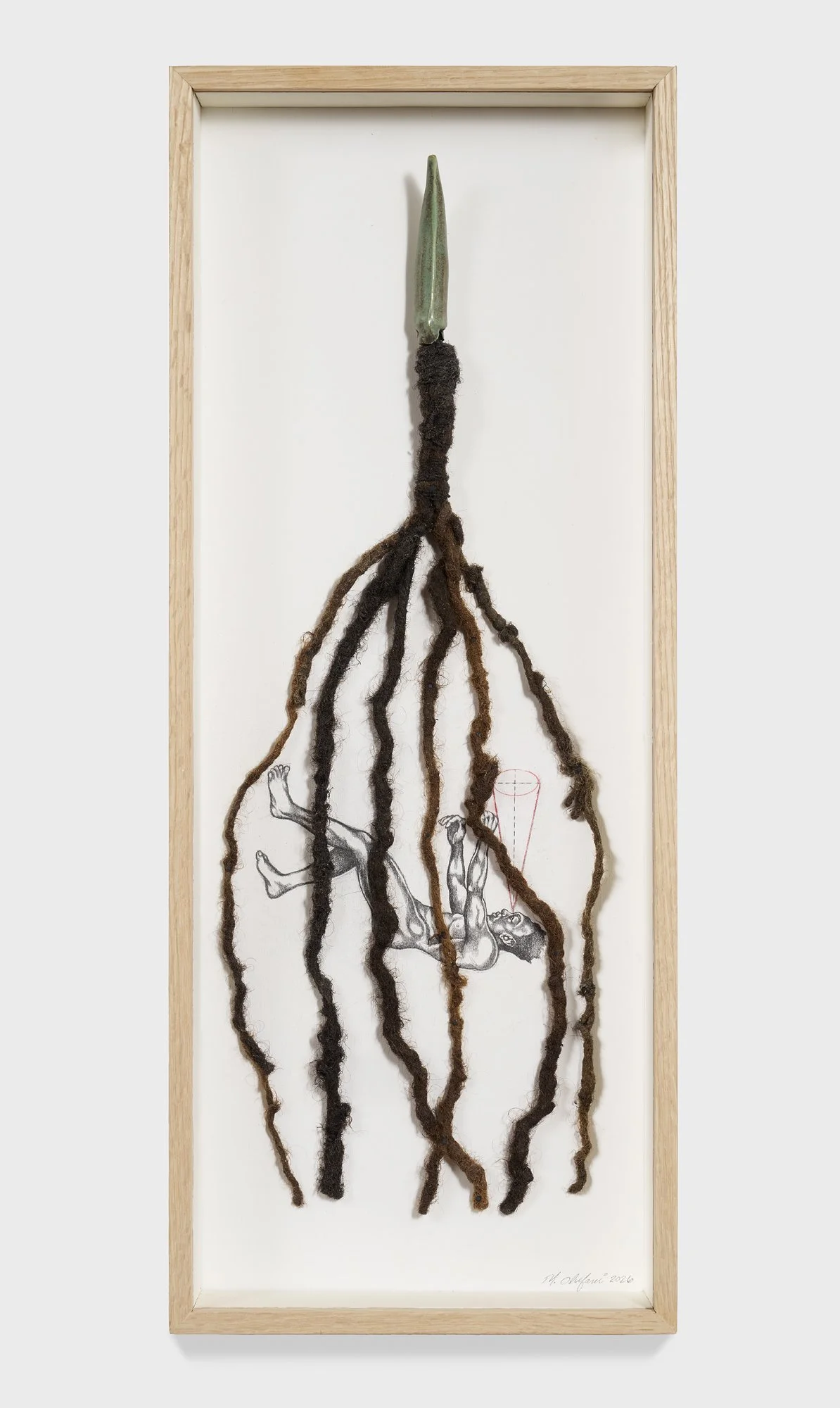 Food Notes #4: Negro Abelmoschus Esculentus Decapodiformes;
2026.
29” x 11 ¼” x 3”
Graphite on wood panel, stoneware, and hair.
***Chris Gardner Photo courtesy of NXTHVN***
