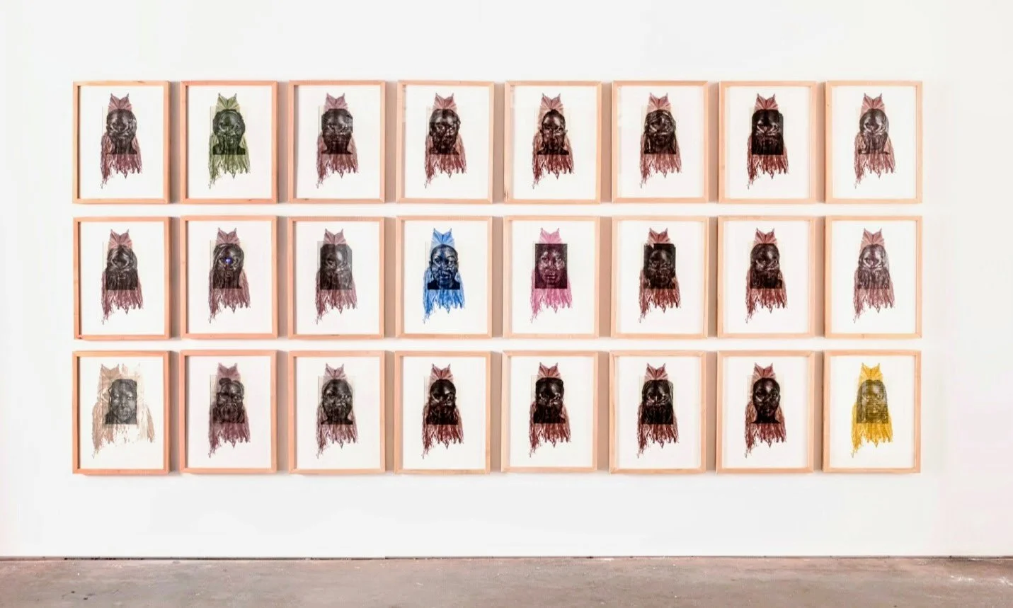 Wo-Mende Series, 2023
graphite on paper and serigraph on plexiglass.  85" x 136"
Among the Mende people in Sierra Leone, West Africa, the Mende mask is exclusively worn by initiated women in ceremonial dance.  The Black American women rendered in thi