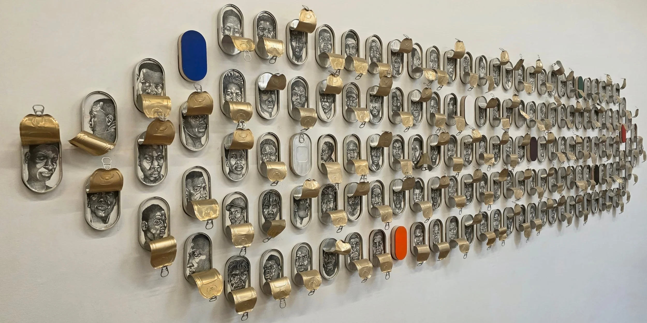 Permutations of Liberation and Constraint
2025-26'
Graphite and paint on wood panel with 150 sardine cans