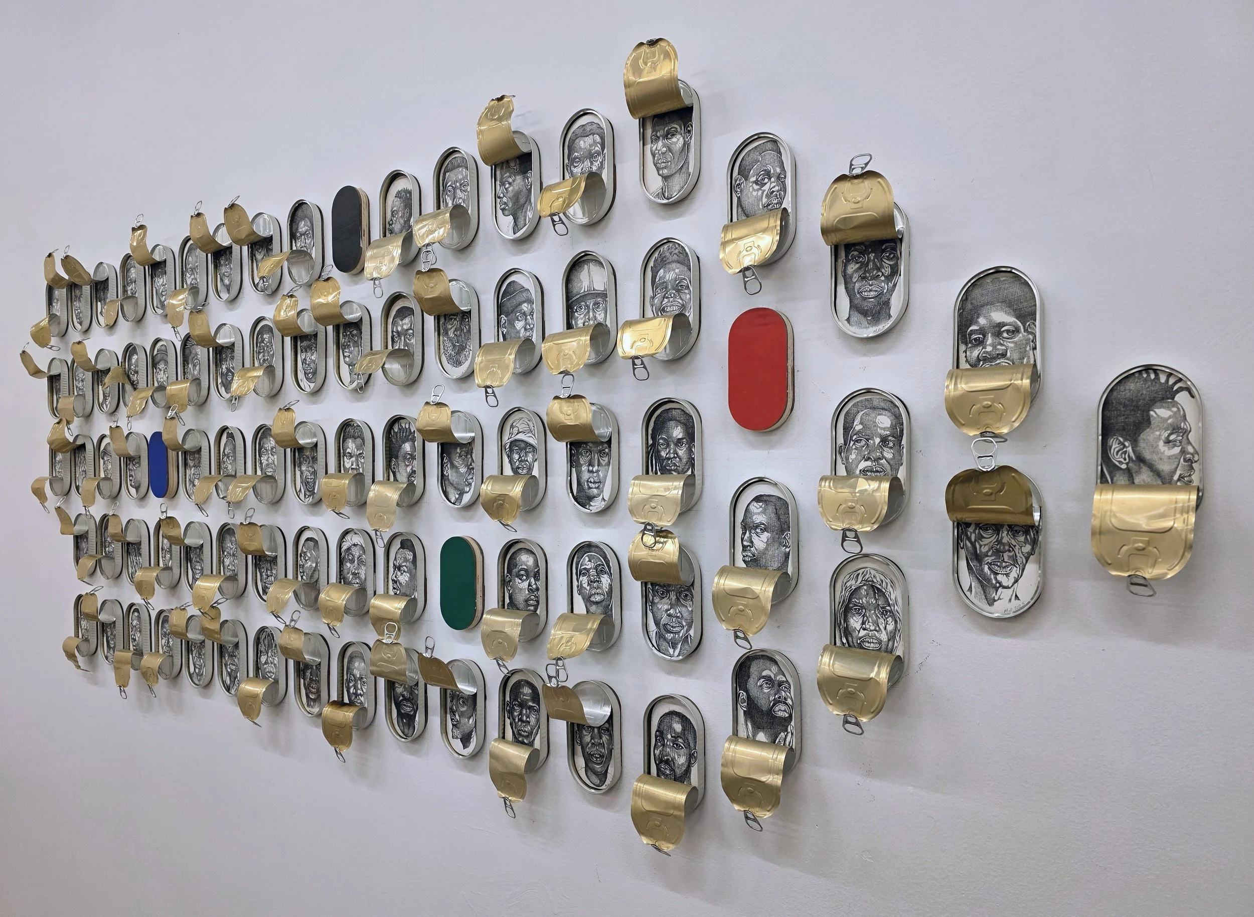 Permutations of Liberation and Constraint (excerpts 83 of 150), 2025-26'
Graphite and acrylic paint on wood panel and sardine cans)