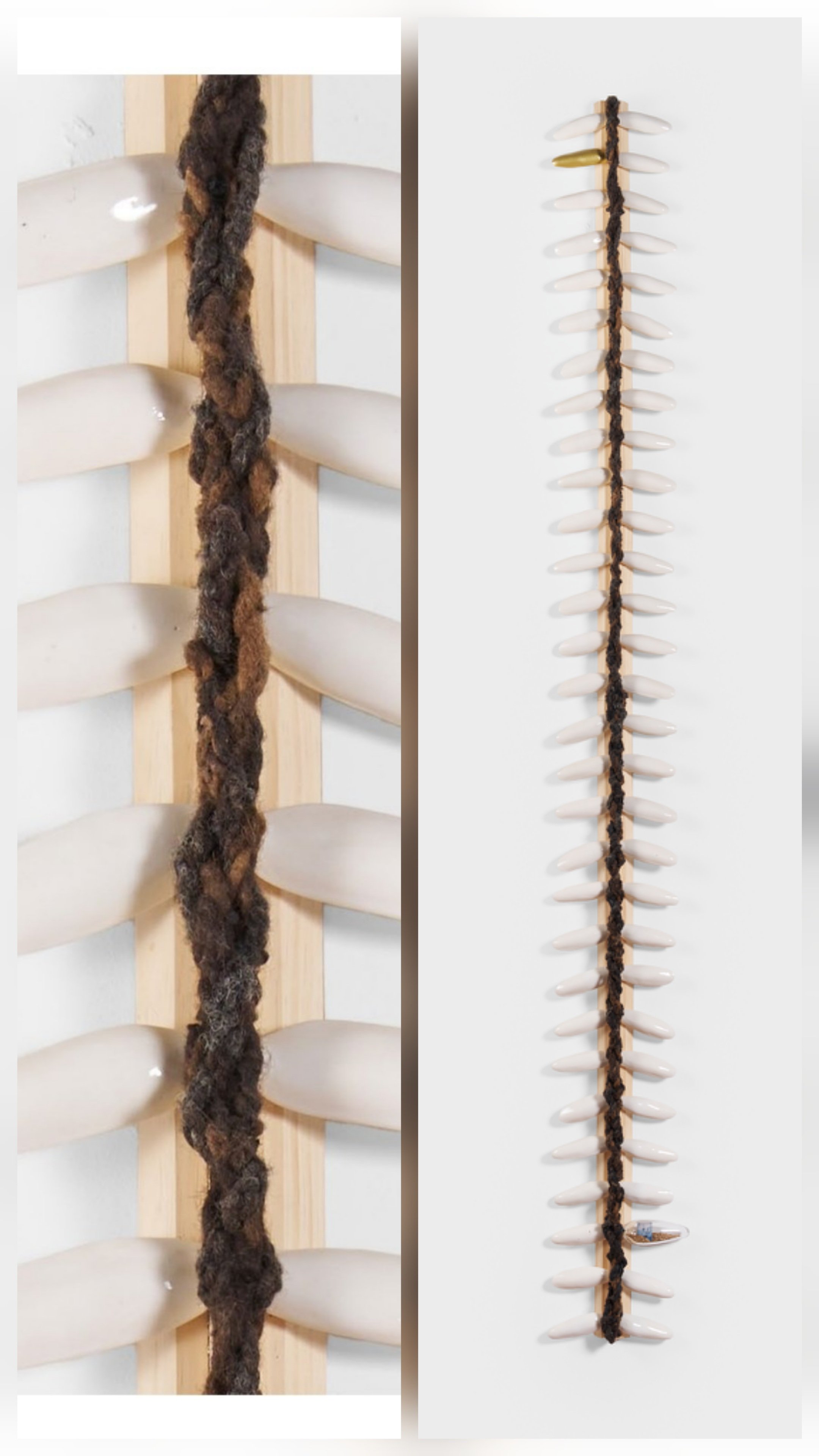 Backbone;
2026.
120” x 15” x 4”
Stoneware, wood, glass, hair, photo transfer, paint and rice. 
***Chris Gardner Photo courtesy of NXTHVN*** 