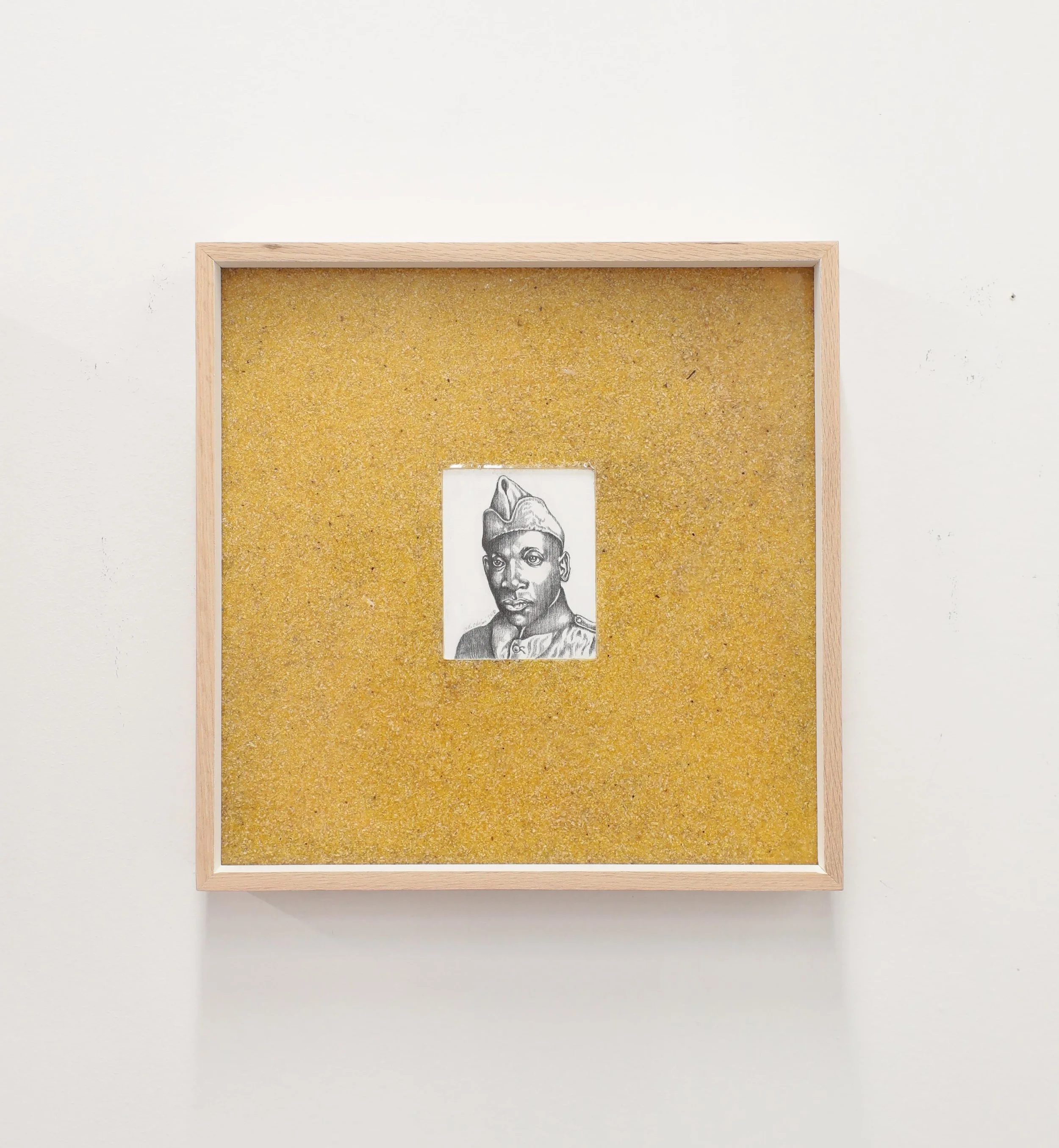 Food Notes #2: Grit for Henry L. Johnson,
2026.
16 ¾” x 16 ¾” x 2.5”
Graphite on wood panel, resin and grits
Description: Henry L. Johnson born in Winston-Salem, NC, was a WW1 US soldier, who fought off a German raid party in hand-to-hand combat in t