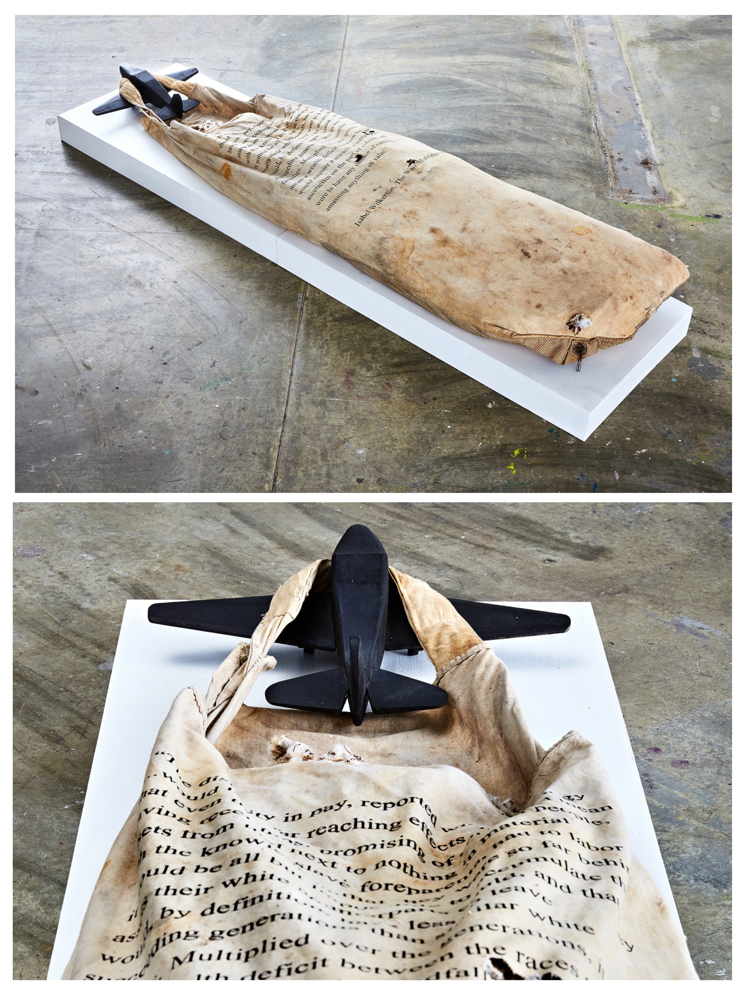 Grounded_2016_carved wood, tar, cotton sack, raw cotton,serigraph on cloth.
28"W x 94"L x 14"H
***photograph by Russell Kilgore***