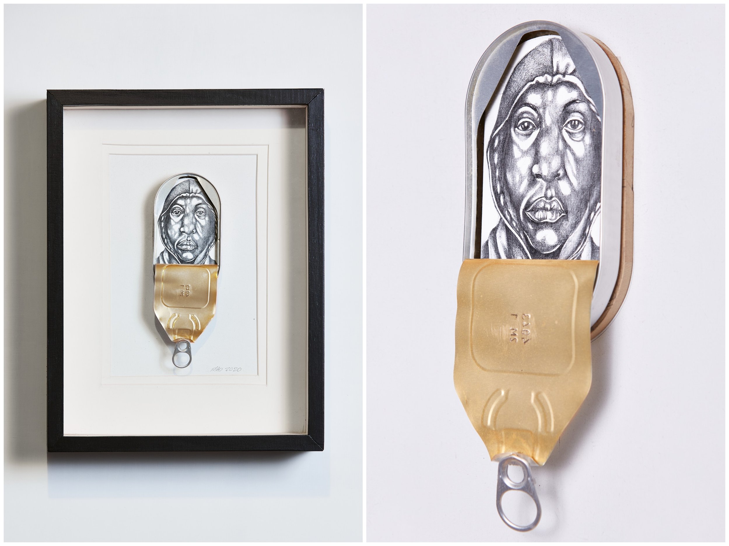 Permutations of Liberation and Constraint; 2020.  Graphite on wood panel and sardine can. private collection ***photo by Russell Kilgore***