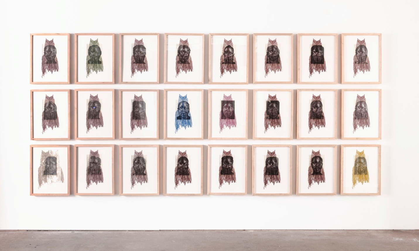 Wo-Mende Series, 2023
graphite on paper and serigraph on plexiglass.  85" x 136"
Among the Mende people in Sierra Leone, West Africa, the Mende mask is exclusively worn by initiated women in ceremonial dance.  The Black American women rendered in thi