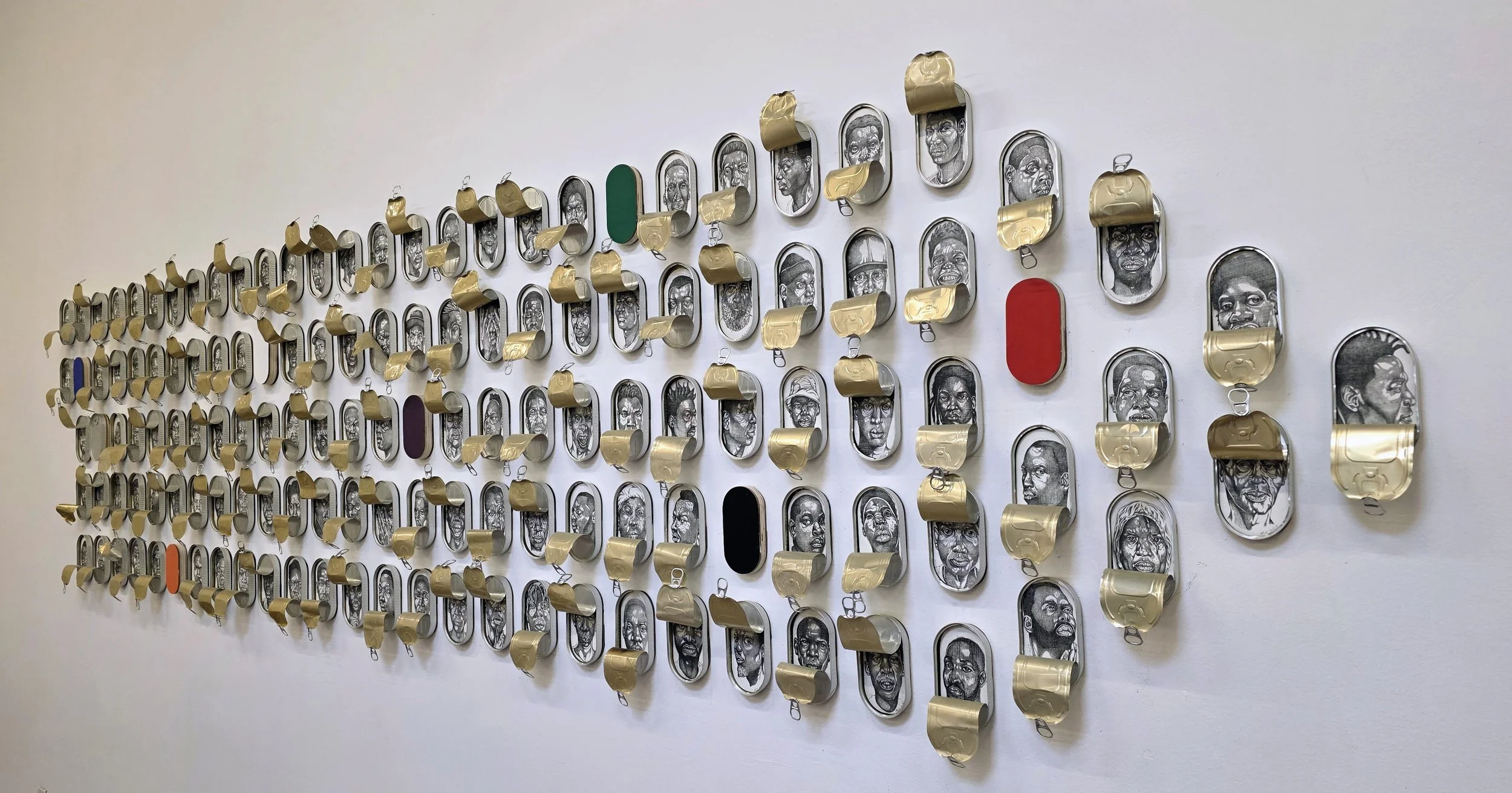 Permutations of Liberation and Constraint (excerpts 134 of 150)
2025-26'
Graphite and paint on wood panel with sardine cans