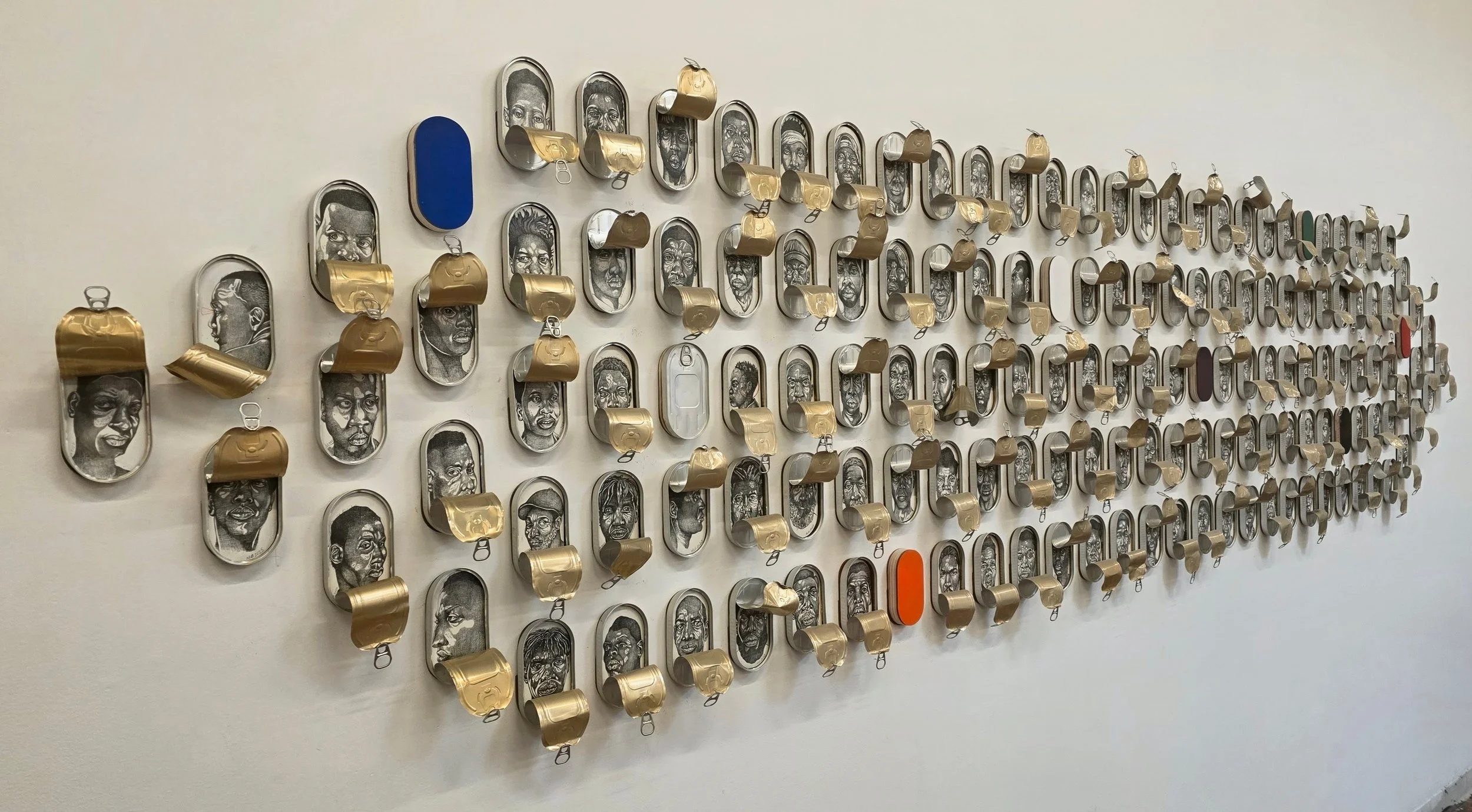 Permutations of Liberation and Constraint (
2025-26'
Graphite and paint on wood panel with 150 sardine cans