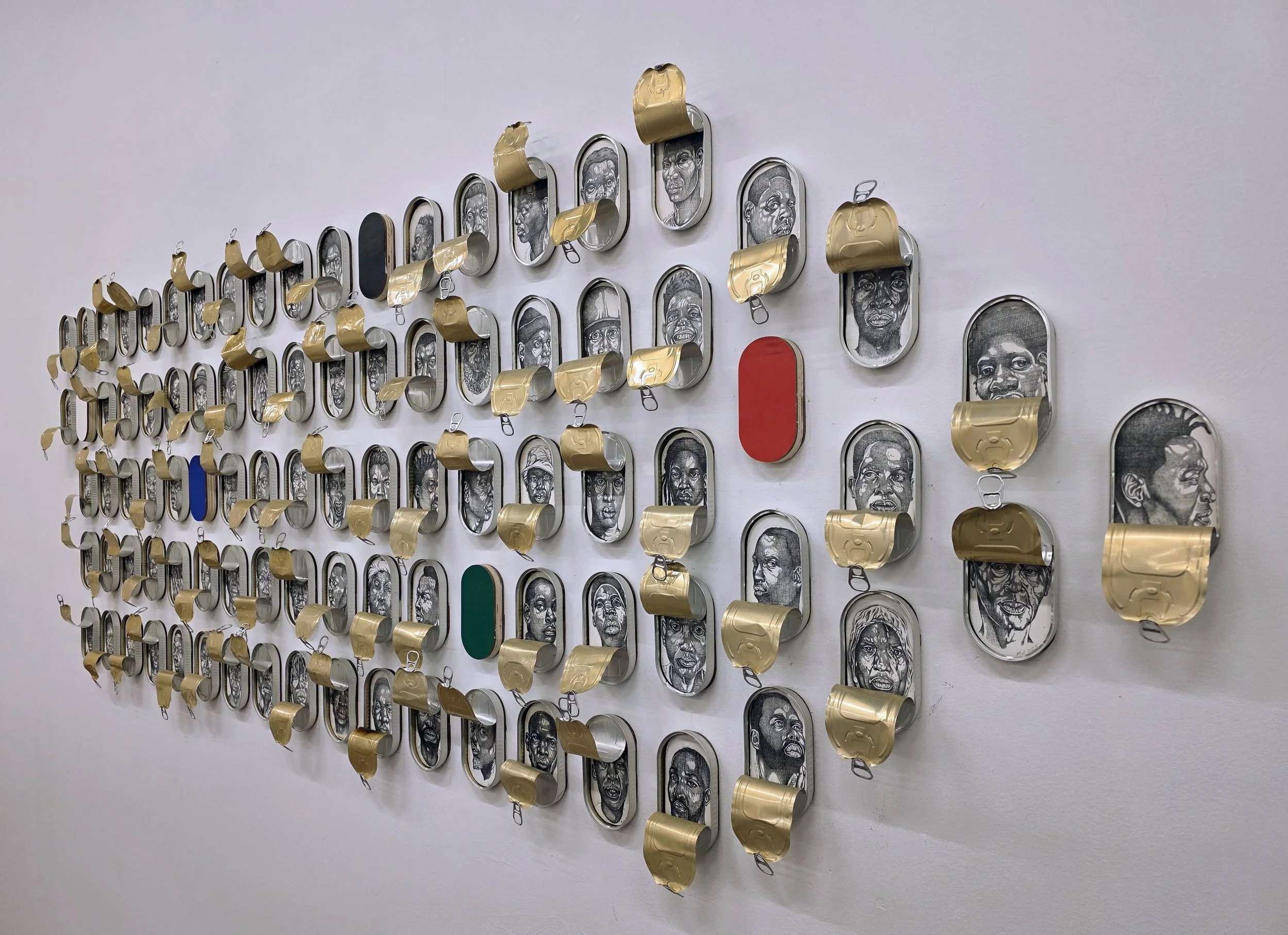 Permutations of Liberation and Constraint (excerpts 93 of 150), 2025-26'
Graphite and acrylic paint on wood panel and sardine cans)