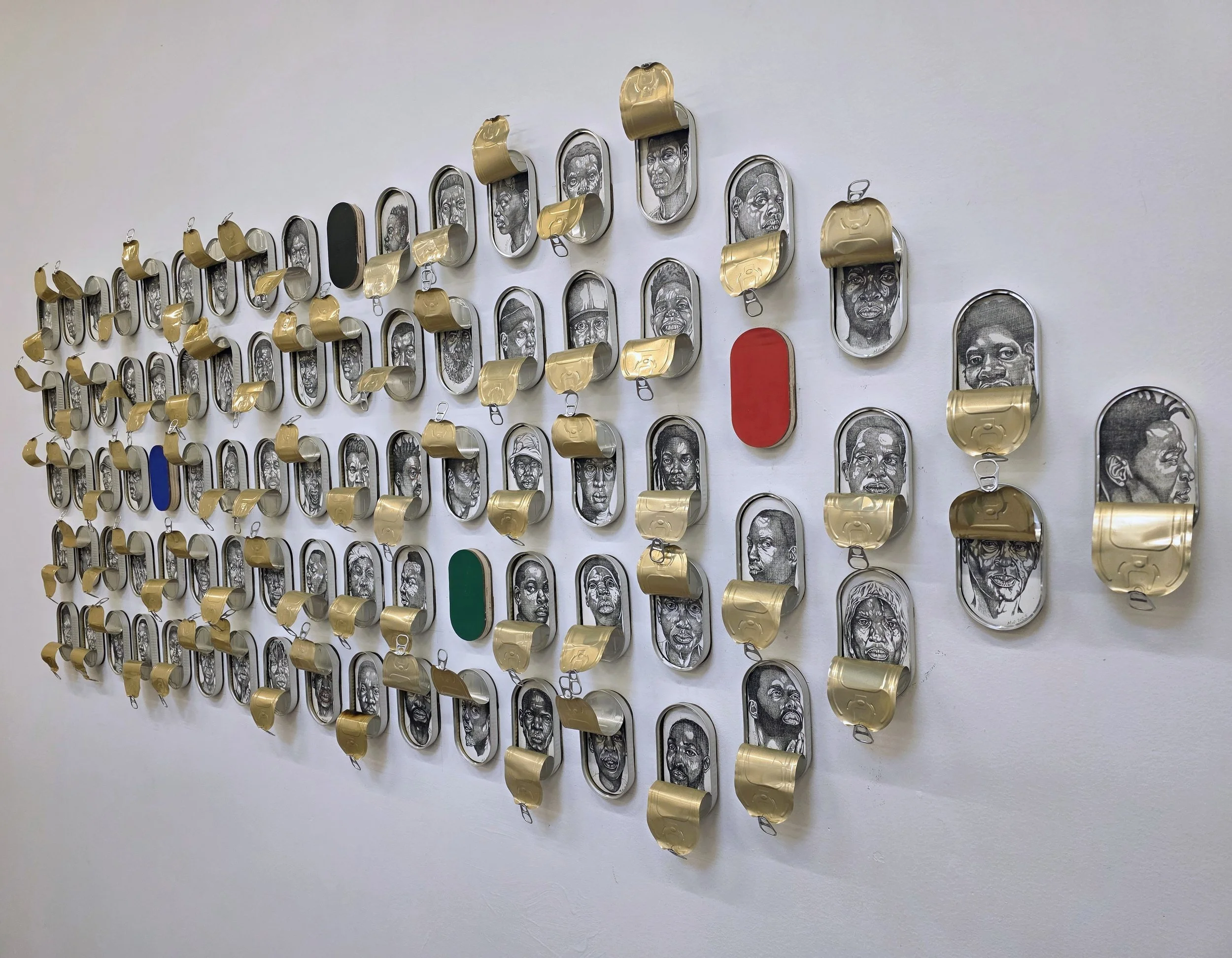 Permutations of Liberation and Constraint (excerpts 85 of 150), 2025-26'
Graphite and acrylic paint on wood panel and sardine cans)