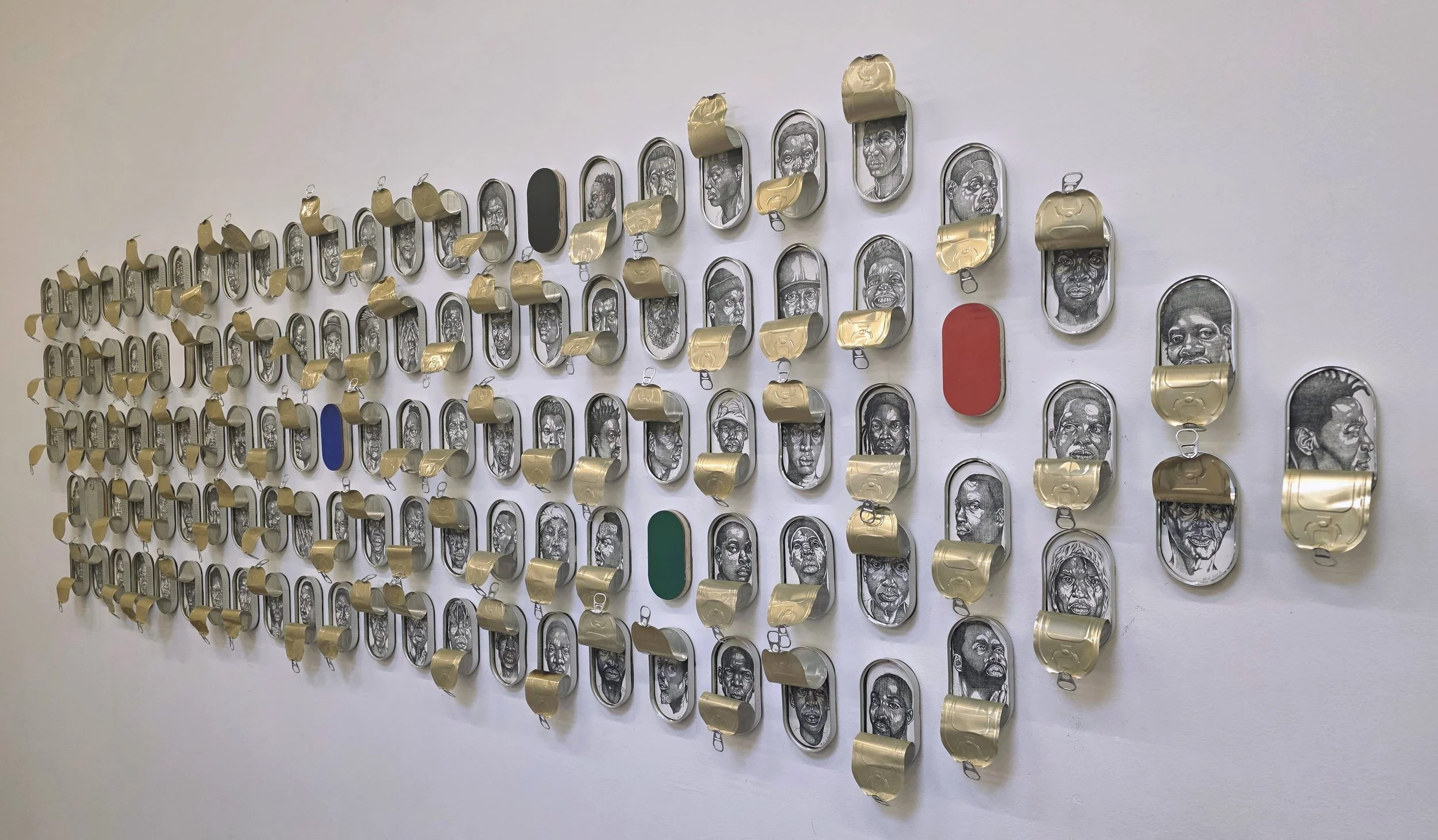 Permutations of Liberation and Constraint (excerpts 118 of 150), 2025-26'
Graphite and acrylic paint on wood panel and sardine cans)