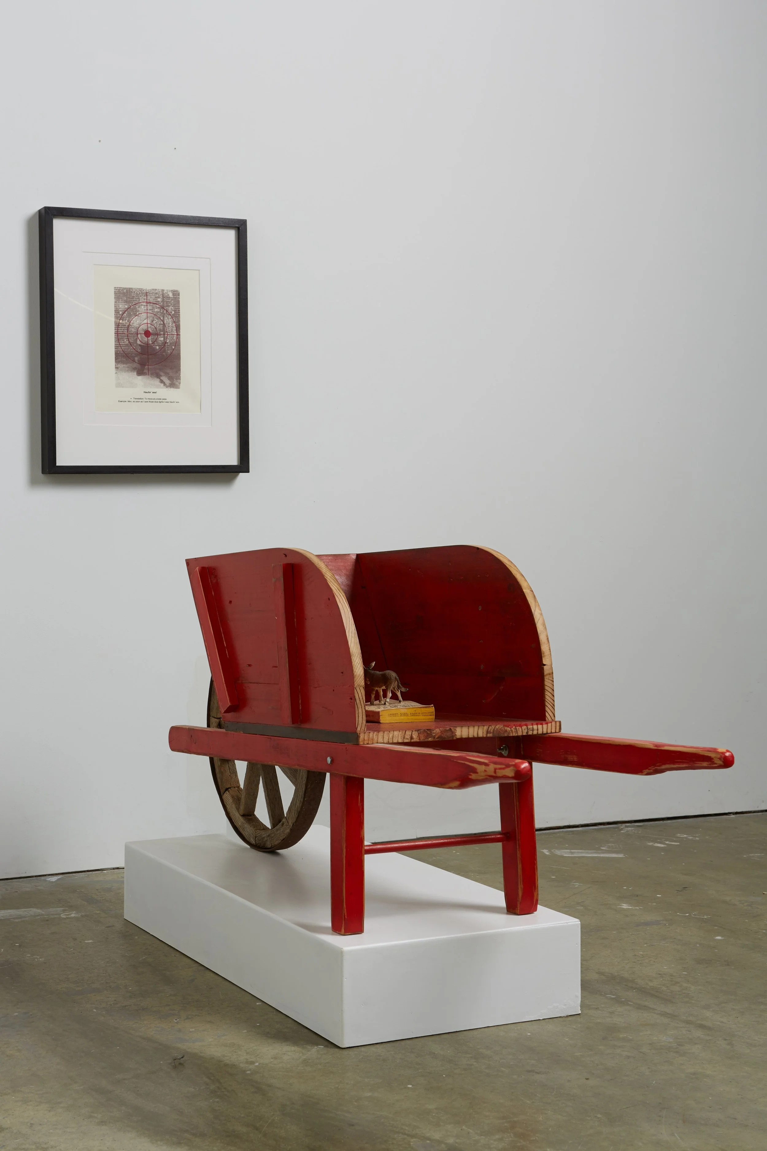 Haulin' Ass_2018_wagon, paint, book, donkey figurine, serigraph on paper
***photograph by Russell Kilgore***