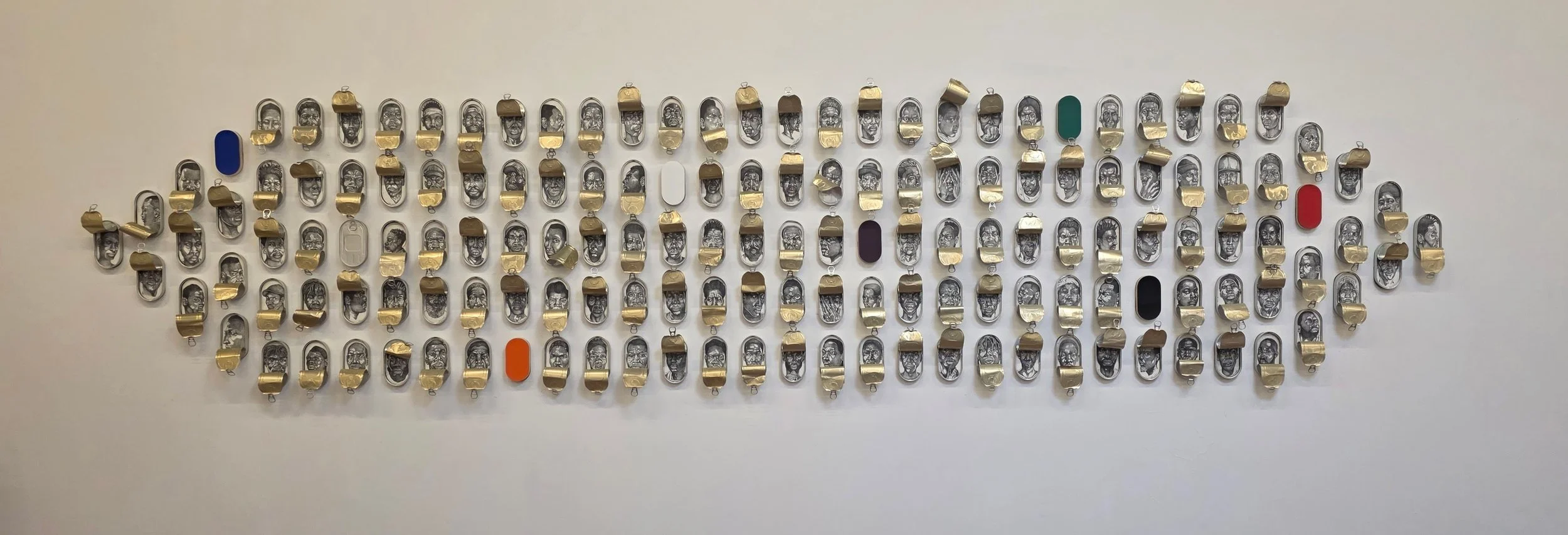 Permutations of Liberation and Constraint (
2025-26'
Graphite and paint on wood panel with 150 sardine cans