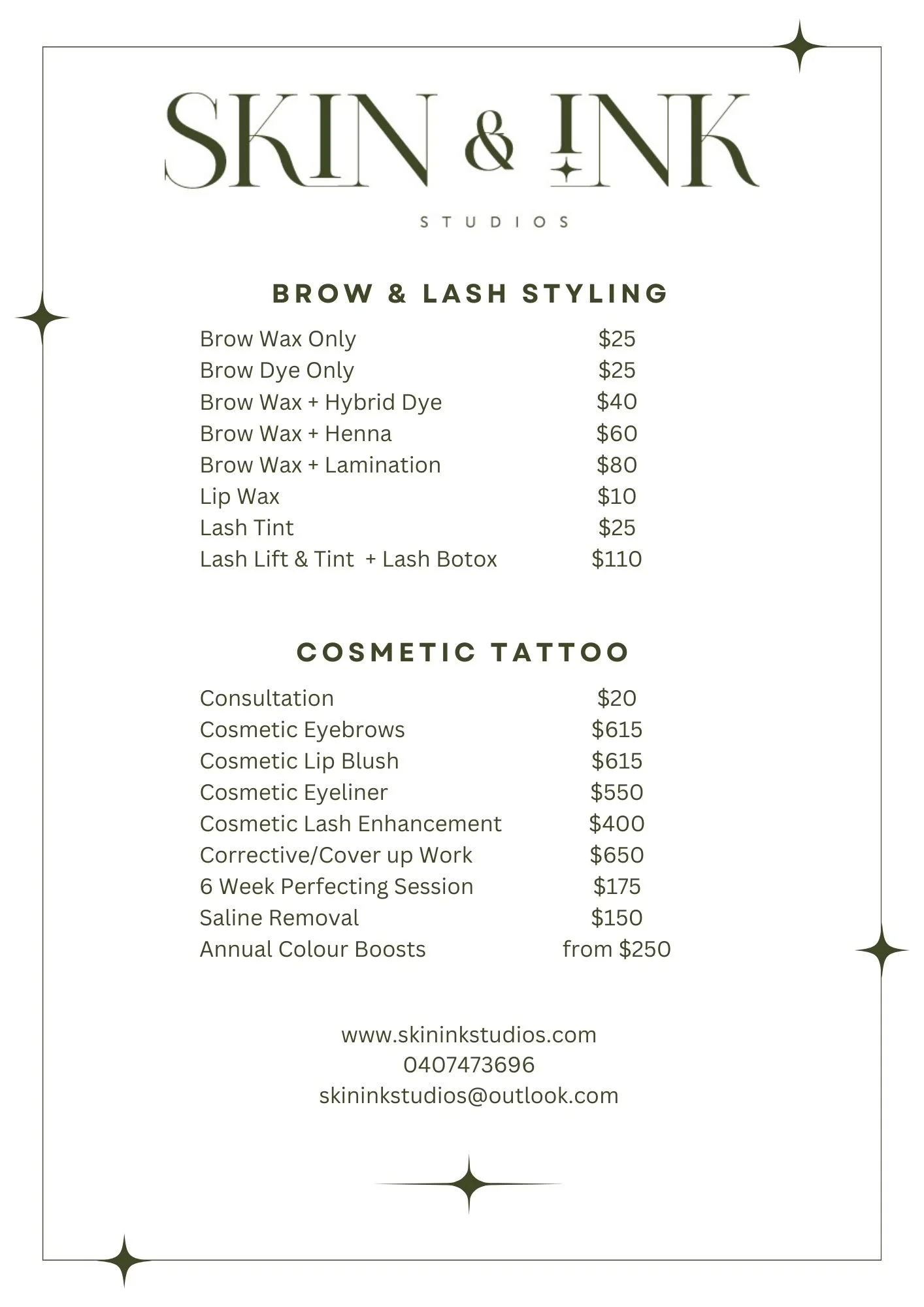 Service Menu — Skin & Ink Studios BALLARAT