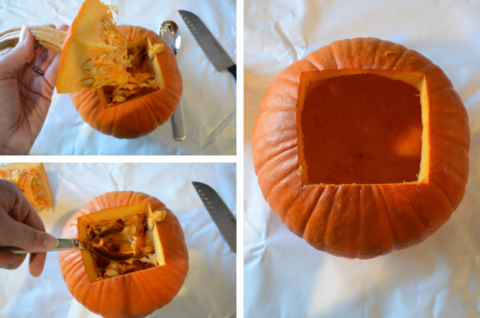 cut pumpkin open and clean out the seeds
