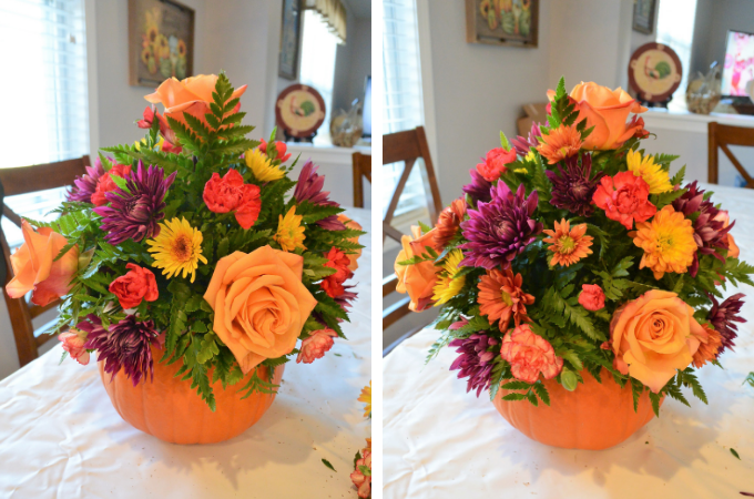 side by side showing adding smaller flowers throughout the arrangement