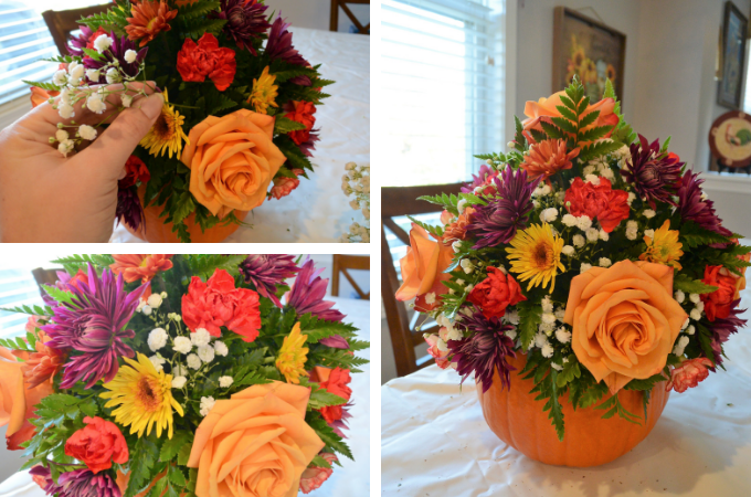 adding baby's breath into arrangement
